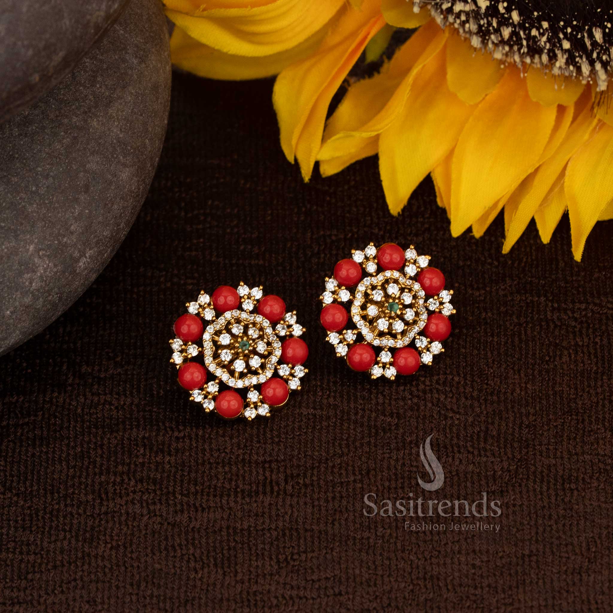 Premium Temple Matte Gold Plated AD Floral Round Stud Earrings – Sasitrends