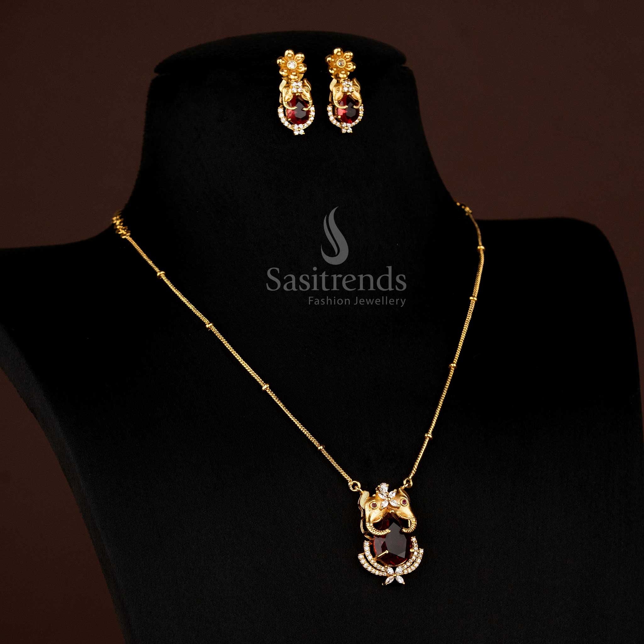 Premium Temple Matte Gold Plated Elephant Pendant Chain with Earrings for Festive and Traditional Wear