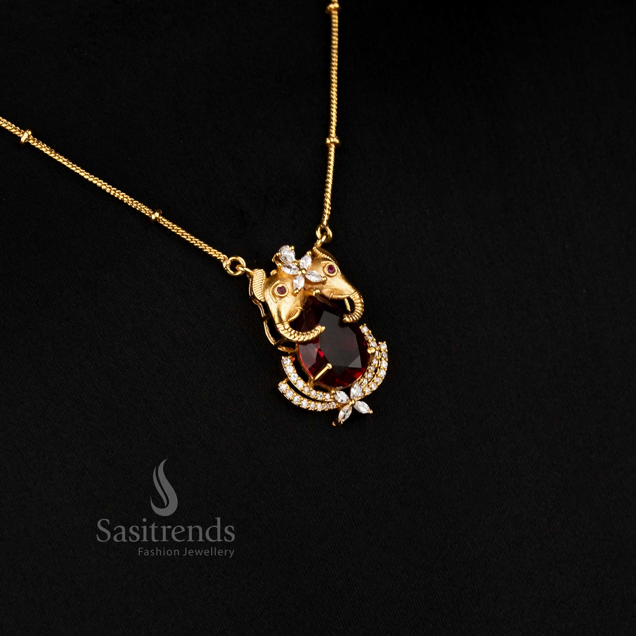 Premium Temple Matte Gold Plated Elephant Pendant Chain with Earrings for Festive and Traditional Wear - Image 2