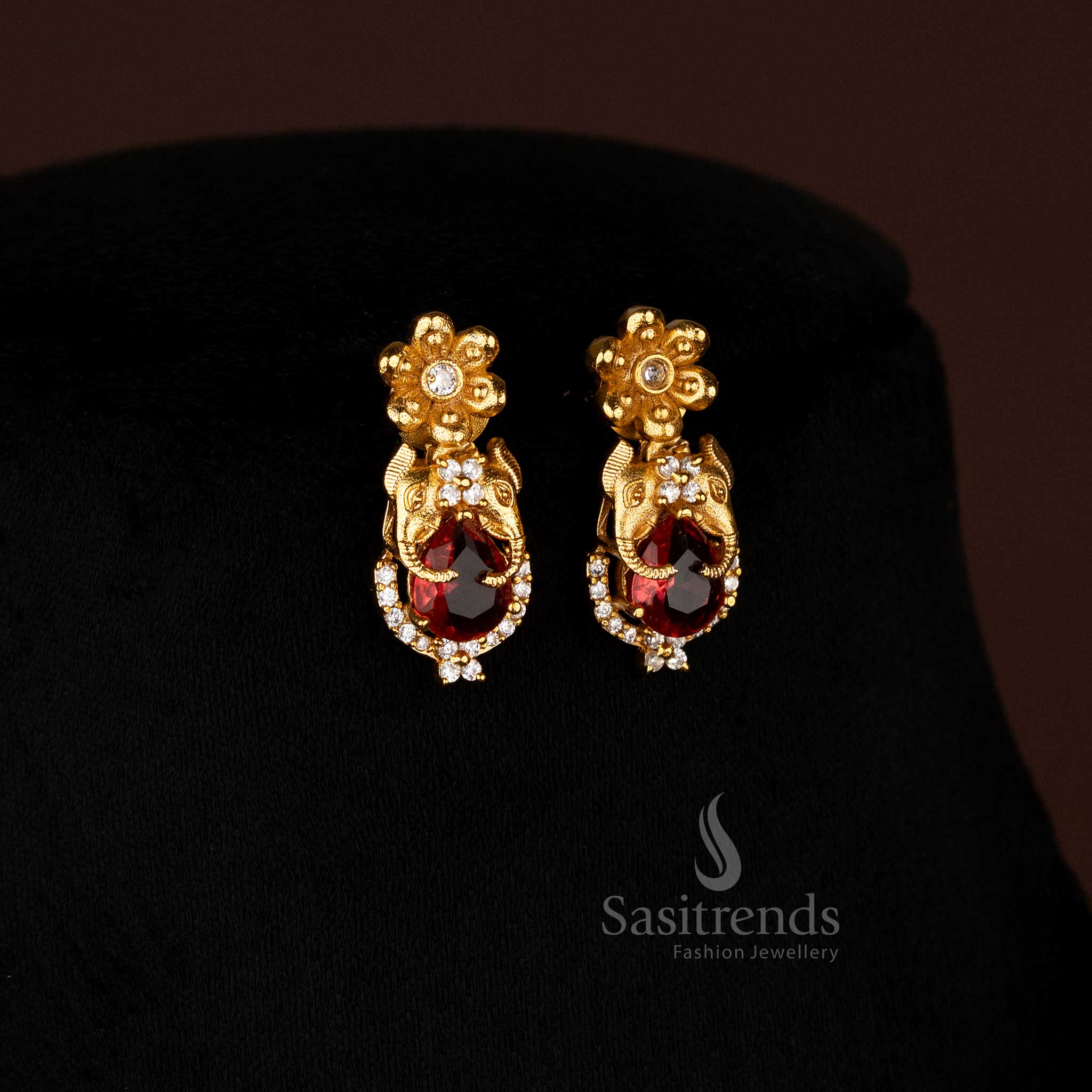 Premium Temple Matte Gold Plated Elephant Pendant Chain with Earrings for Festive and Traditional Wear - Image 3