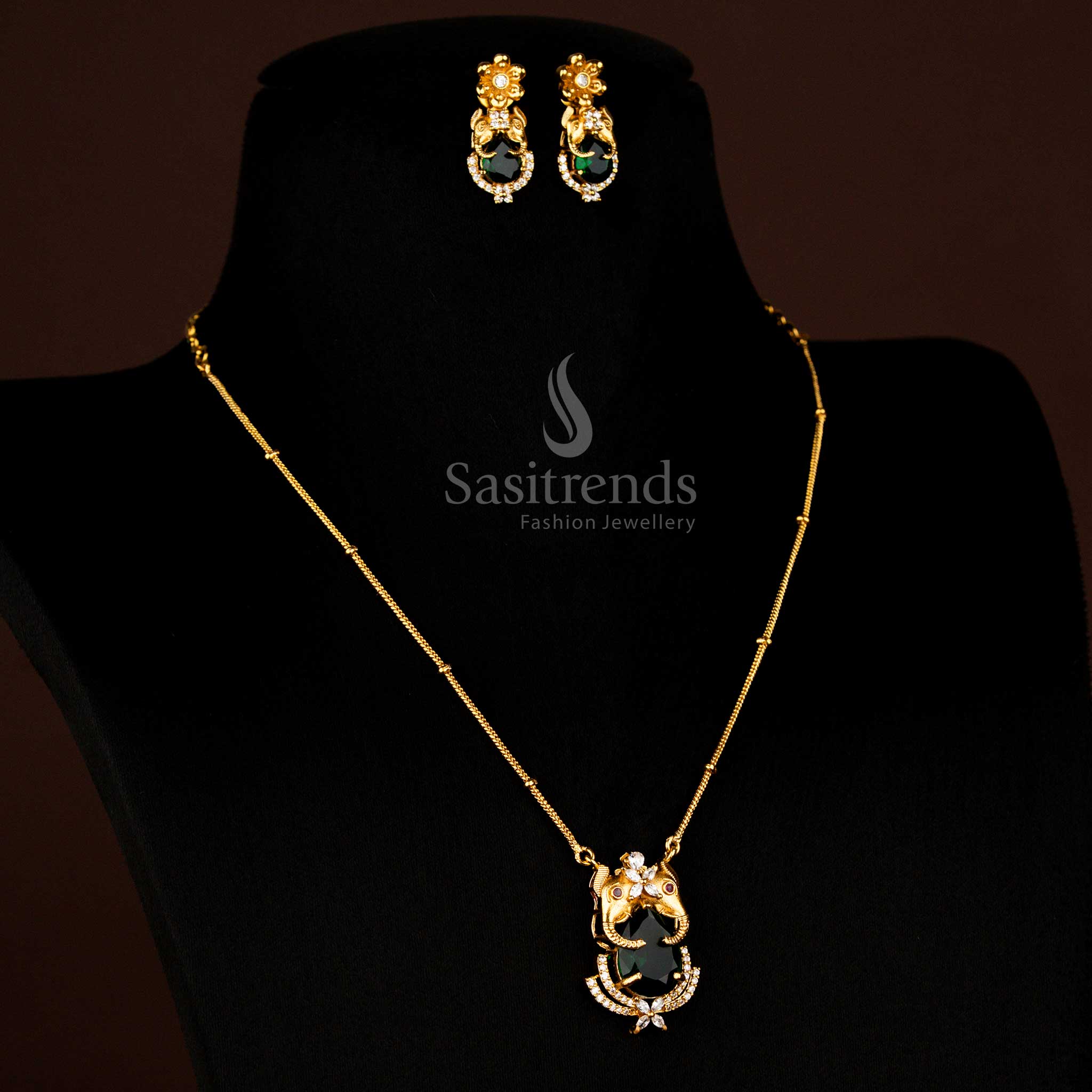 Premium Temple Matte Gold Plated Elephant Pendant Chain with Earrings for Festive and Traditional Wear - Image 4