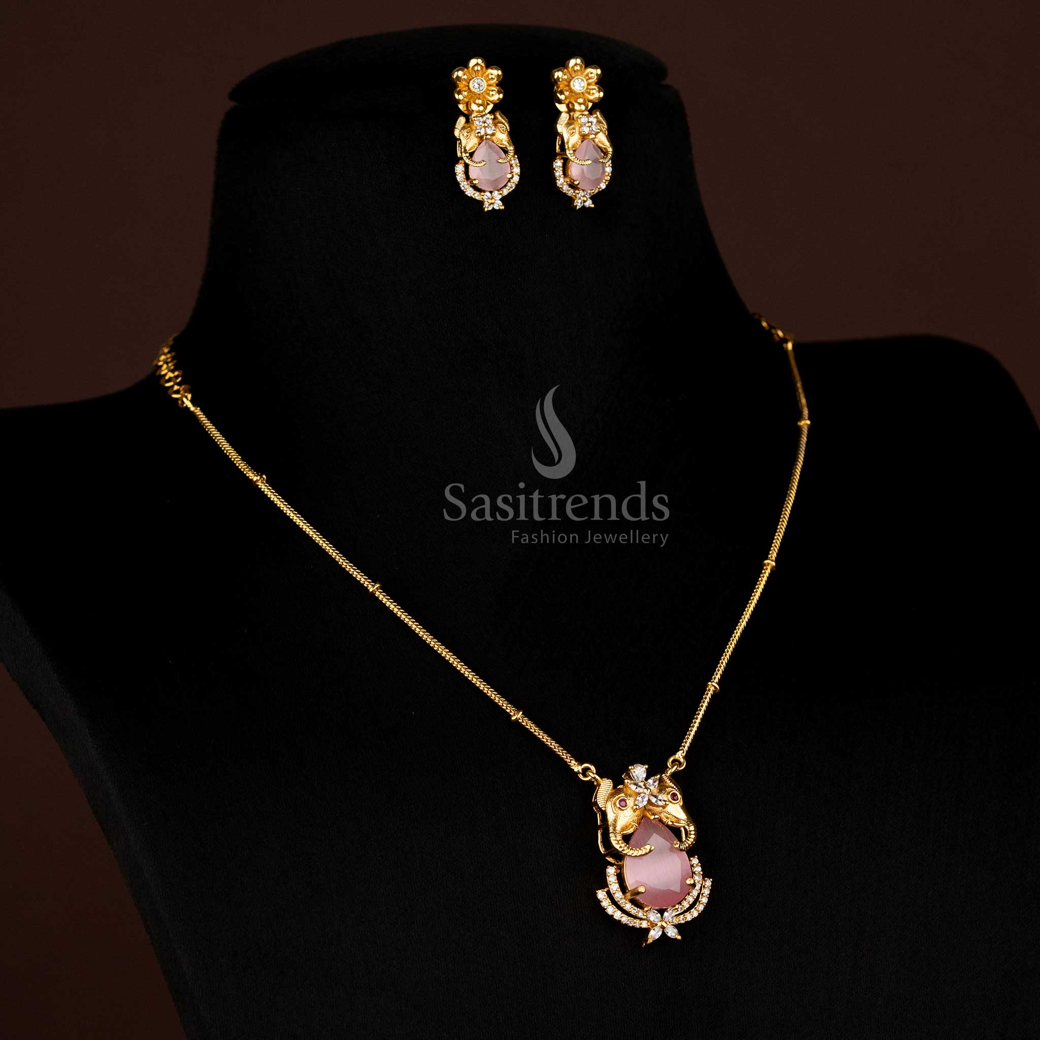 Premium Temple Matte Gold Plated Elephant Pendant Chain with Earrings for Festive and Traditional Wear - Image 5