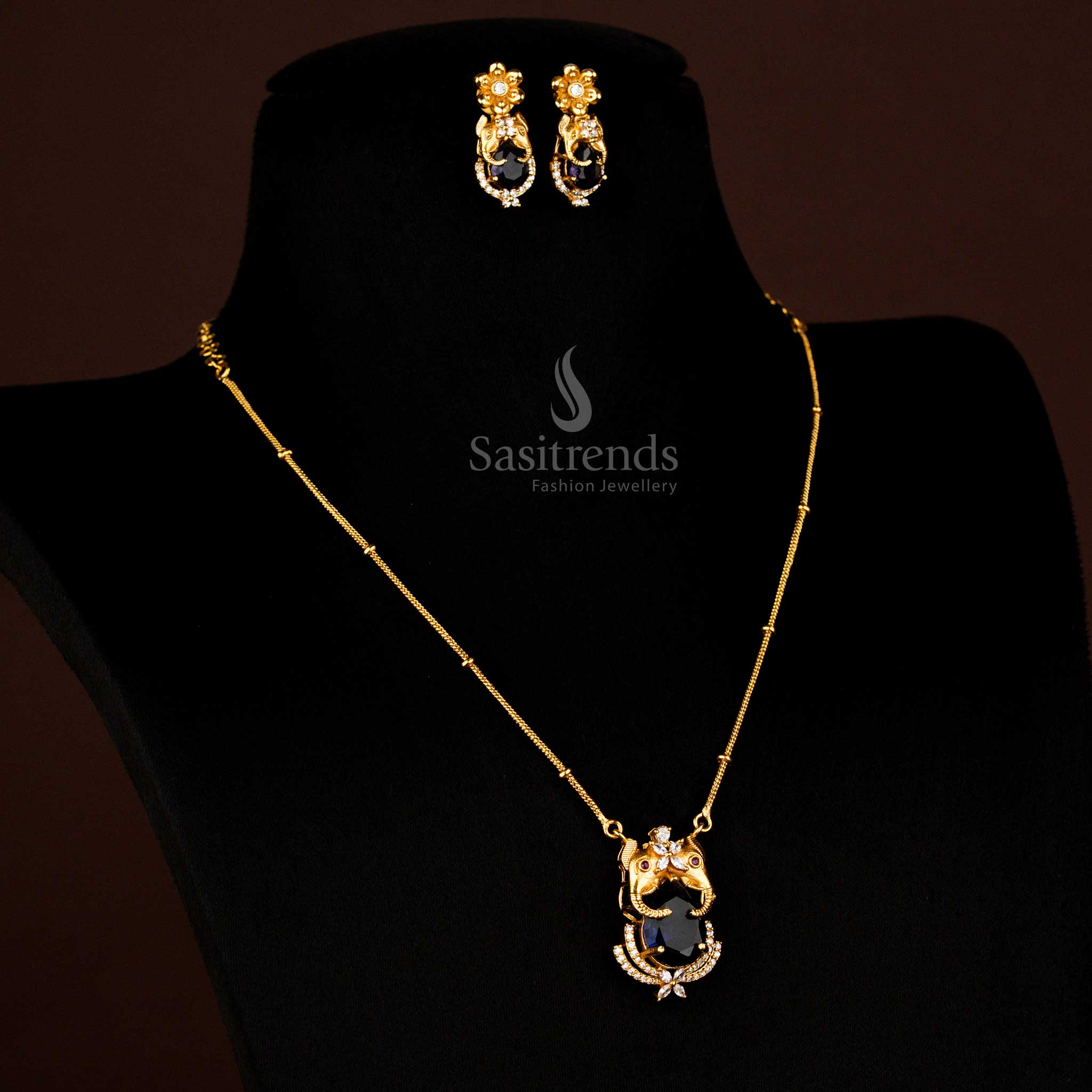 Premium Temple Matte Gold Plated Elephant Pendant Chain with Earrings for Festive and Traditional Wear - Image 7