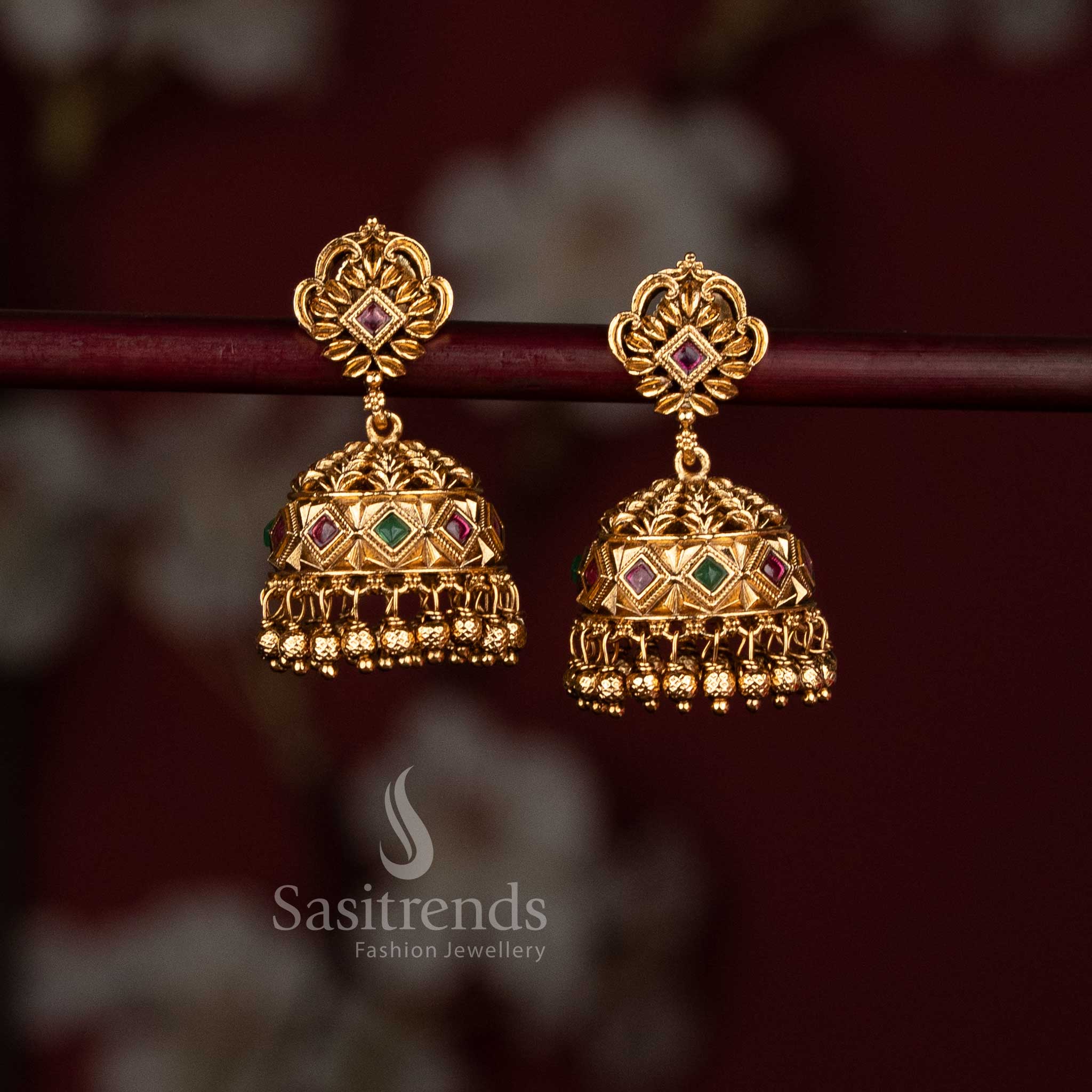 Grand Premium Temple Matte Gold-Plated Jhumkas Earrings with Ruby / Ruby-Green Stones & Golden Beads - Sasitrends - Image 2