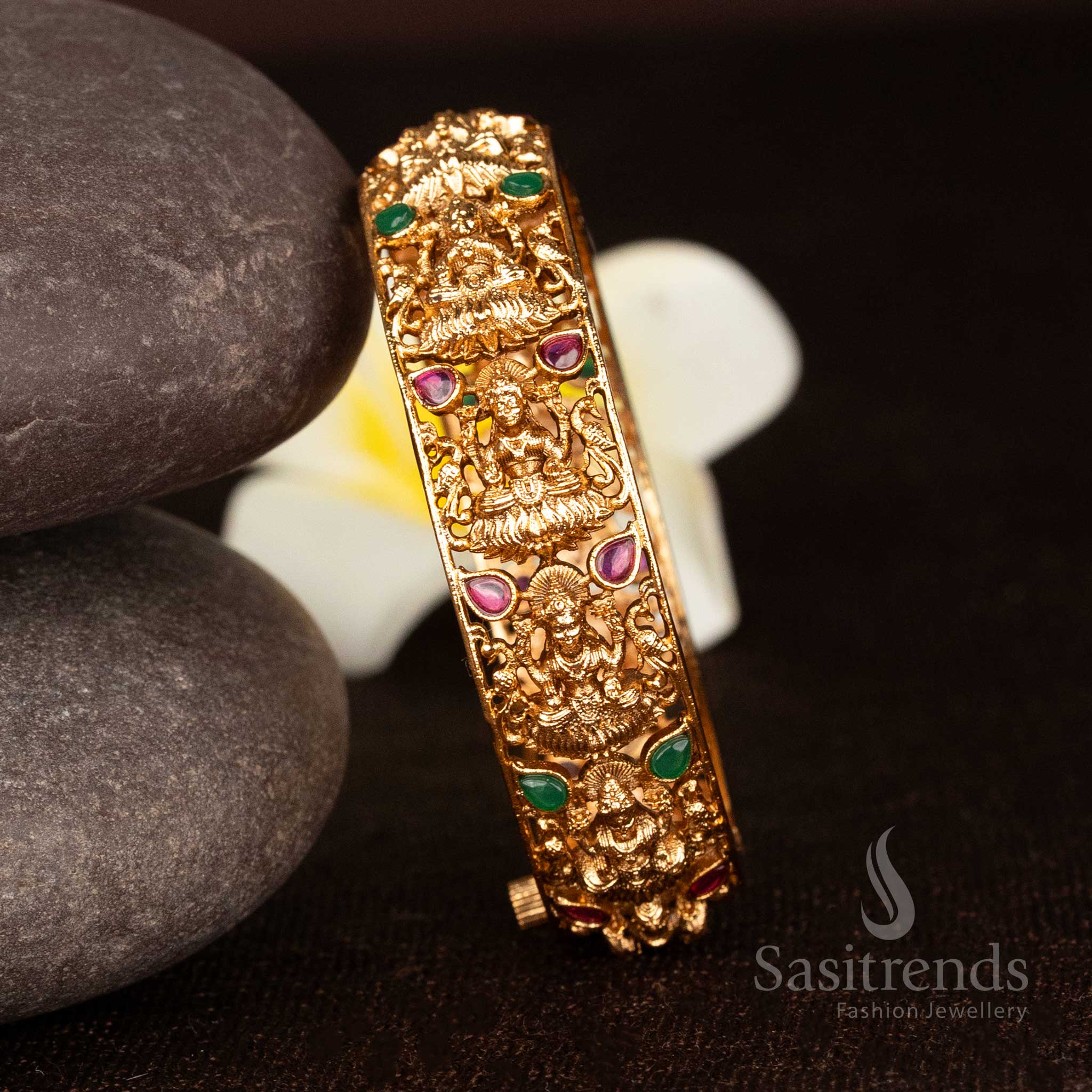 Temple Matte Gold Plated Lakshmi Dual Peacock Nakshi Kada Bangles with Teardrop Stone Embellishments - Image 2