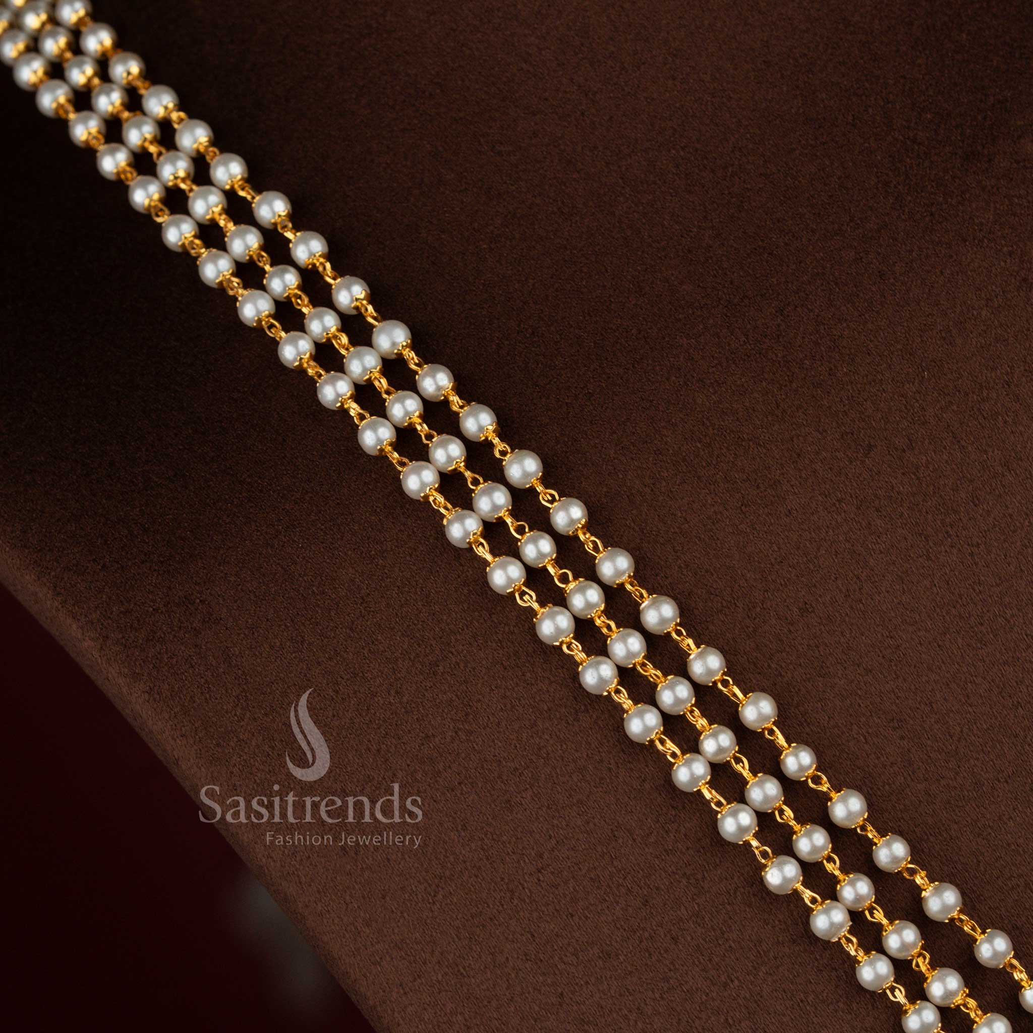 Collection of Designs Temple Matte Gold Plated 3 Layer Pearl Pendant Long Haram Necklace for Temple Ceremonies & Grand Functions - Image 3