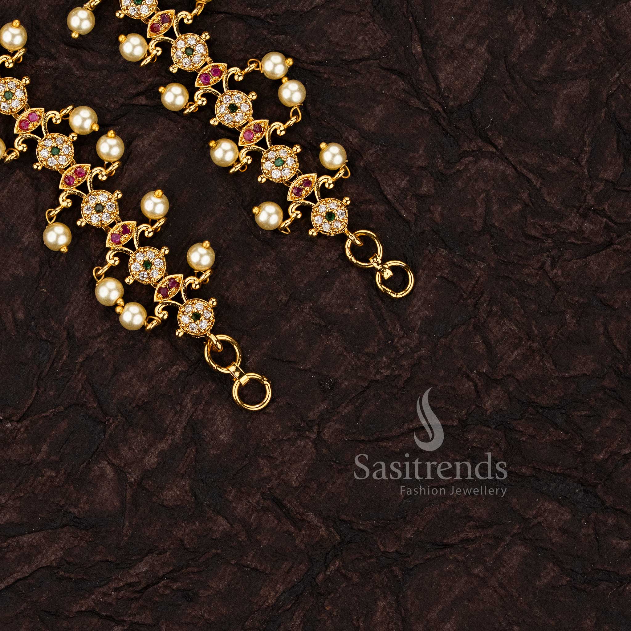 Ethereal Heritage Temple Matte Gold Plated Floral Vine American Diamond Ear Chains (Matil) – Sasitrends - Image 5