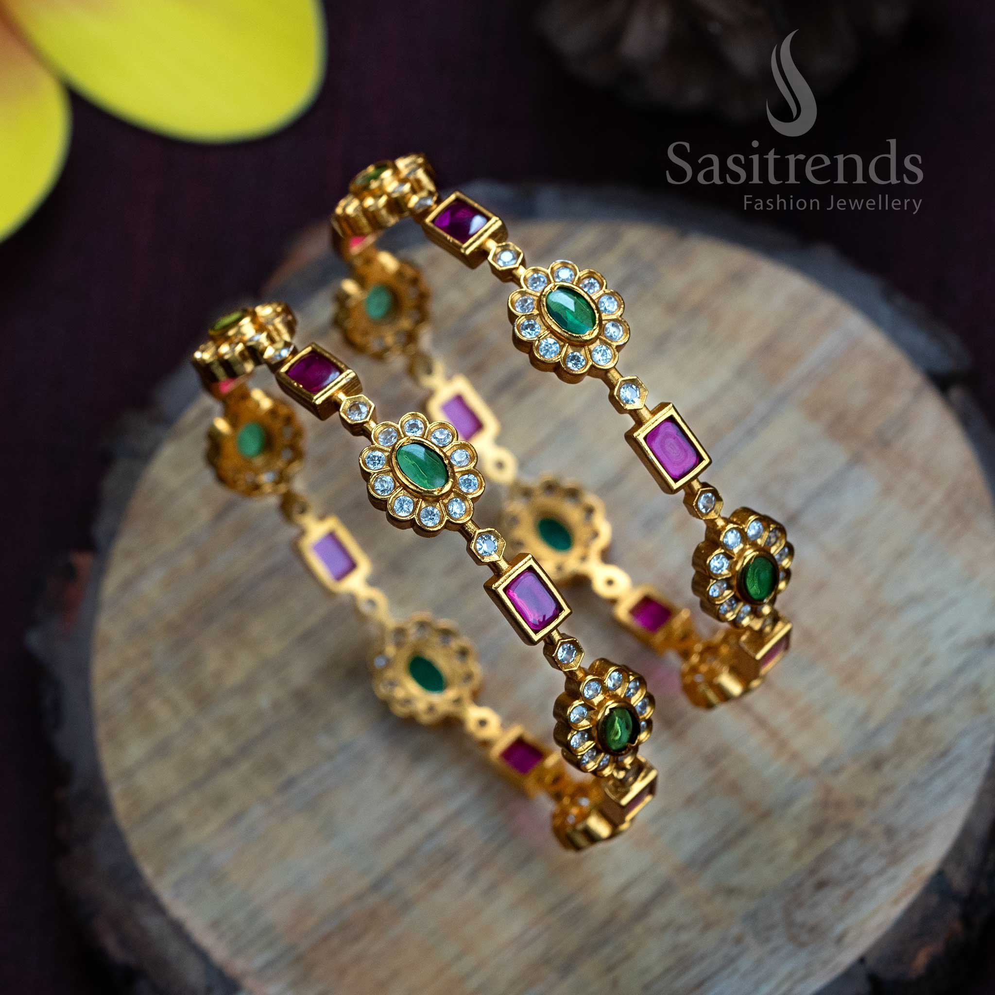 Gorgeous Temple Matte Gold Plated Flower and Rectangle Design Bangles for Festive and Wedding Wear - Image 2