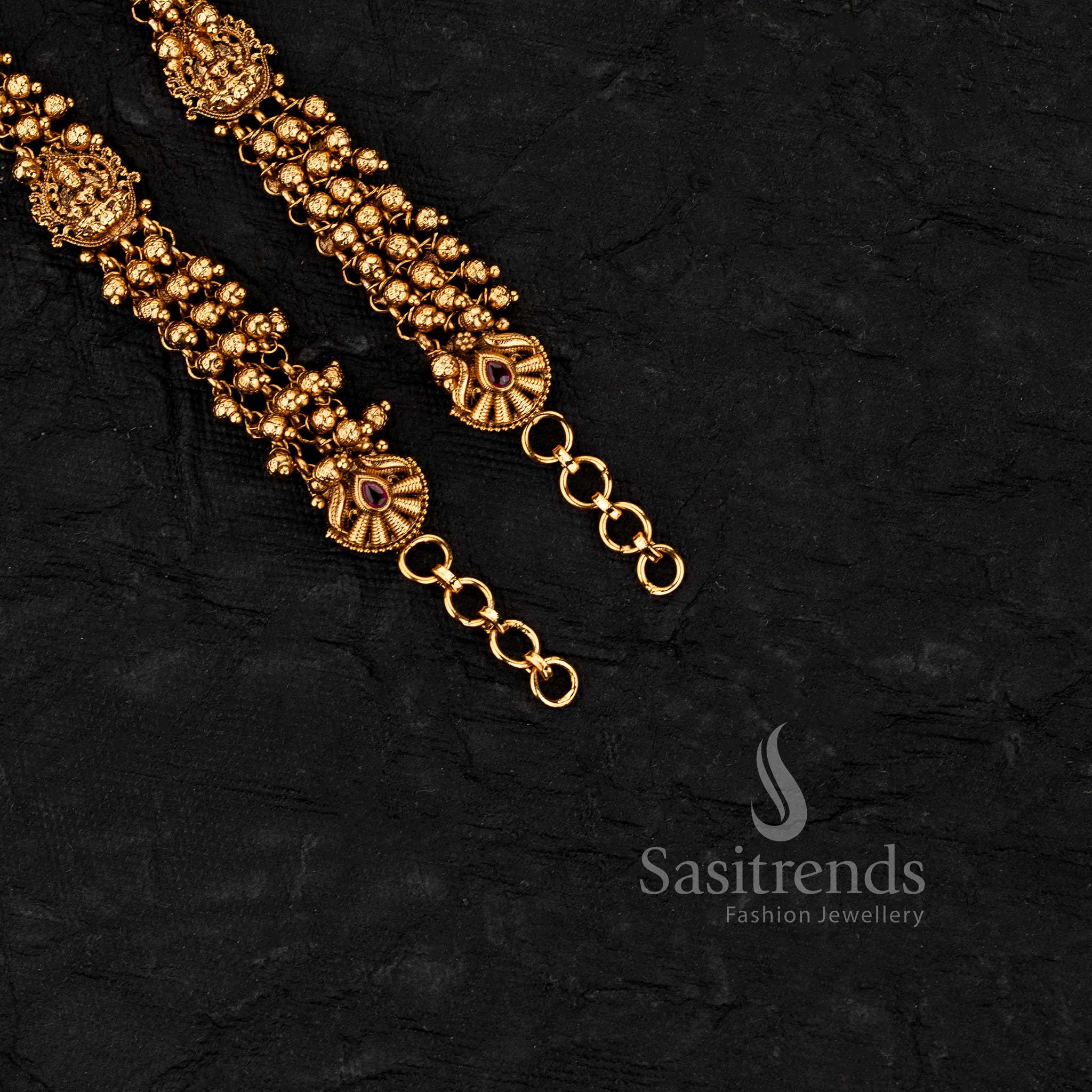 Traditional Temple Lakshmi Coin Design Gold Beads and Pearl Beaded Multi-Strand Ear Chains (Matil) in Matte Gold Plated Finish – 2068F - Image 5