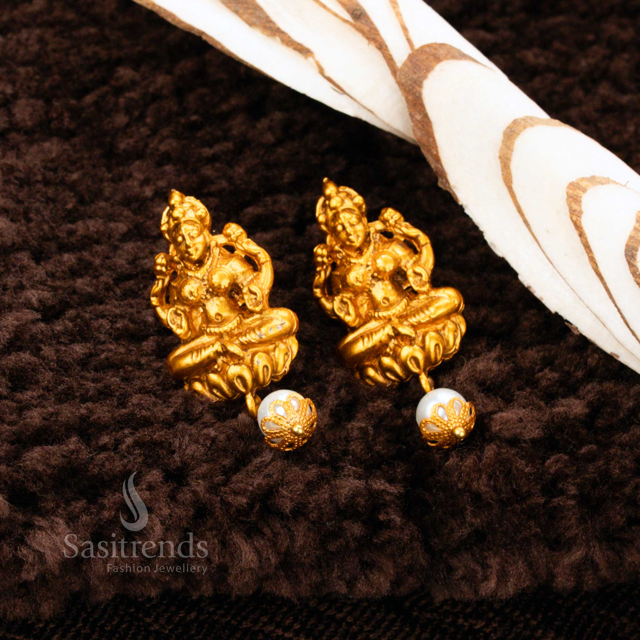 Elegant Temple Matte Gold Plated Ball Chain Lakshmi Pearl Pendant Necklace Jewellery Set - Image 3