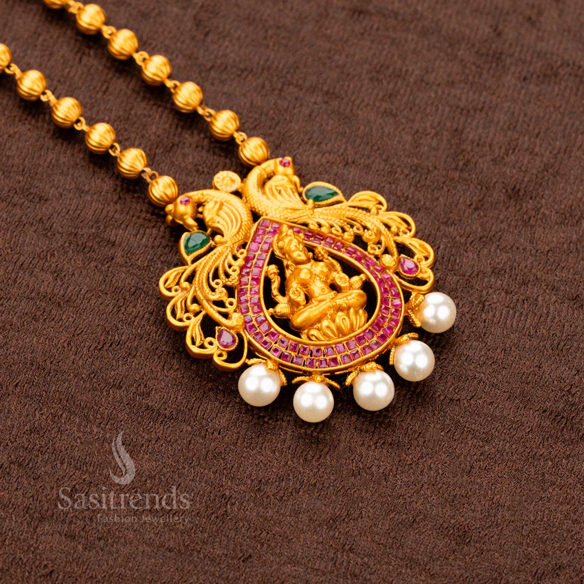 Elegant Temple Matte Gold Plated Ball Chain Lakshmi Pearl Pendant Necklace Jewellery Set - Image 5