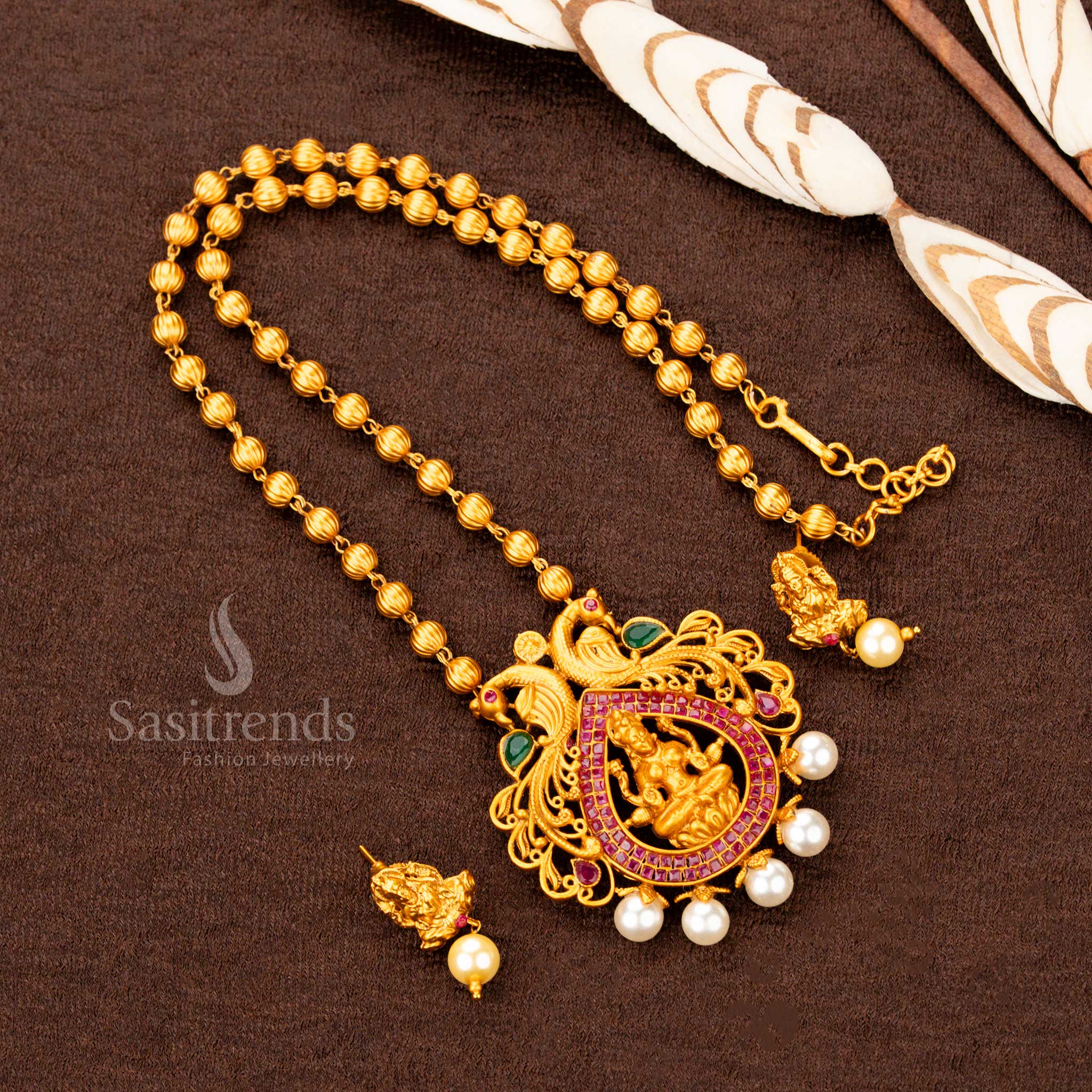 Elegant Temple Matte Gold Plated Ball Chain Lakshmi Pearl Pendant Necklace Jewellery Set - Image 6