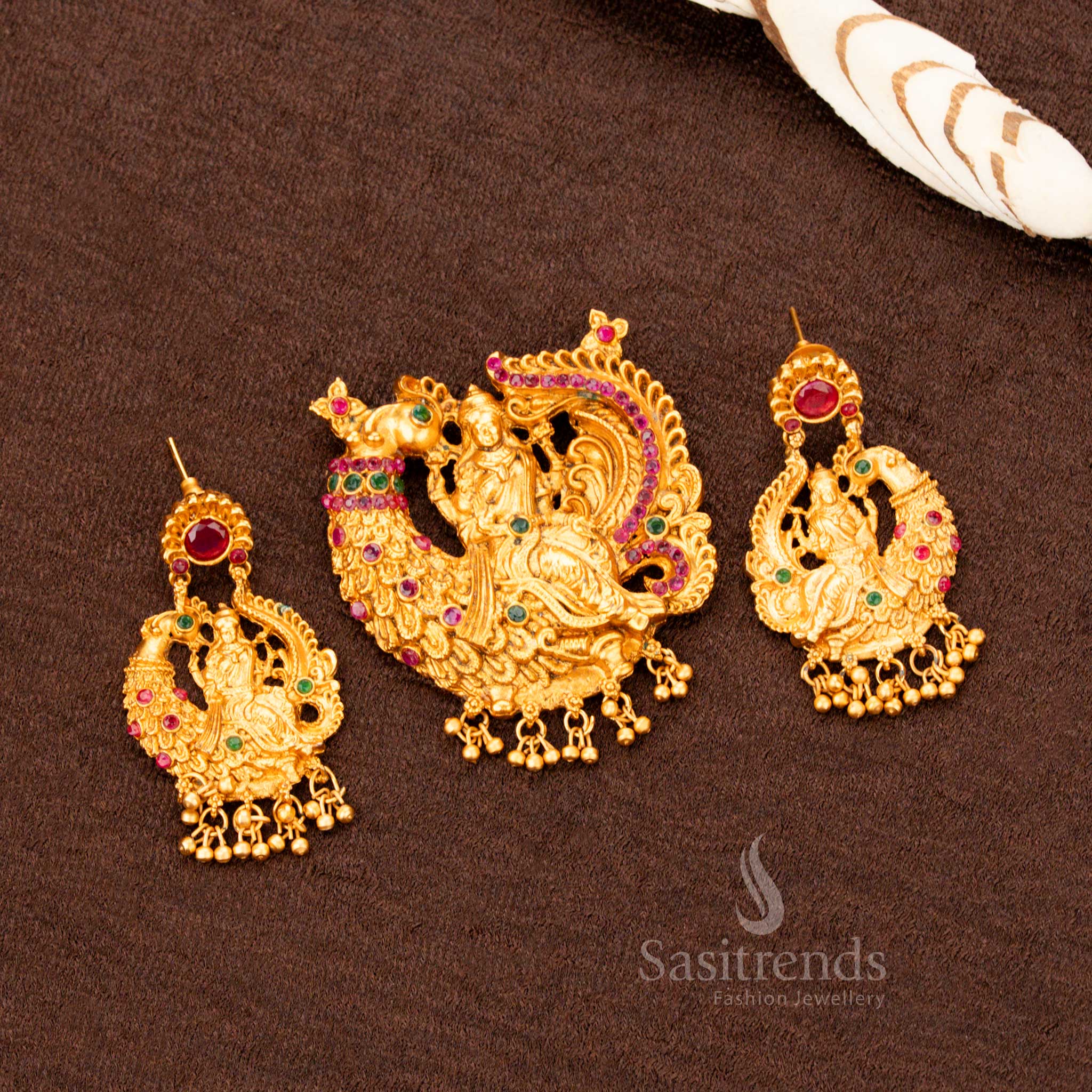 Traditional Temple Matte Gold Plated Pendant with Matching Earrings for Festive and Wedding Wear - Image 3