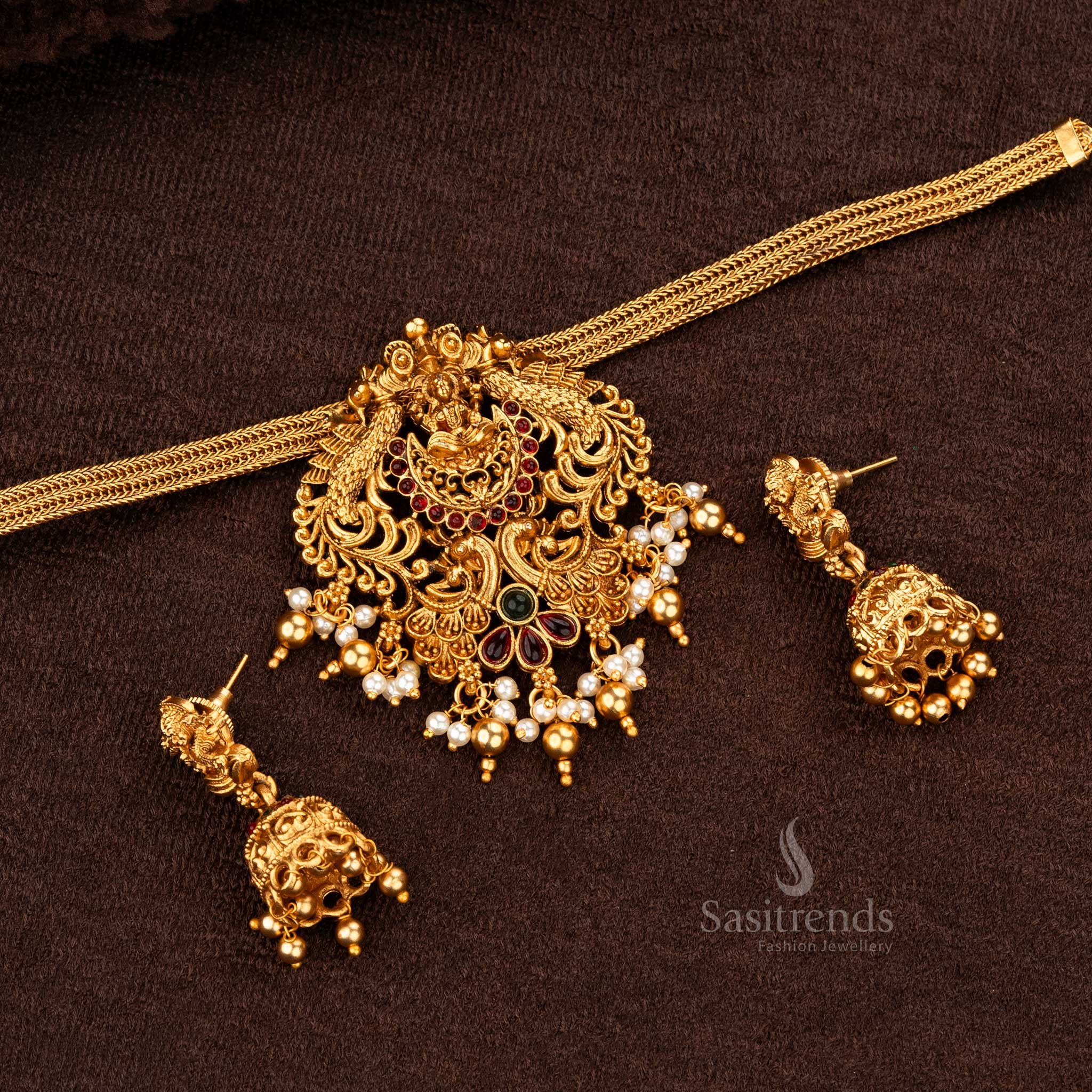 Classic Matte Gold  Divine Temple Lakshmi & Peacock Pendant Choker With Jhumka Necklace Jewellery Set - Sasitrends - Image 3