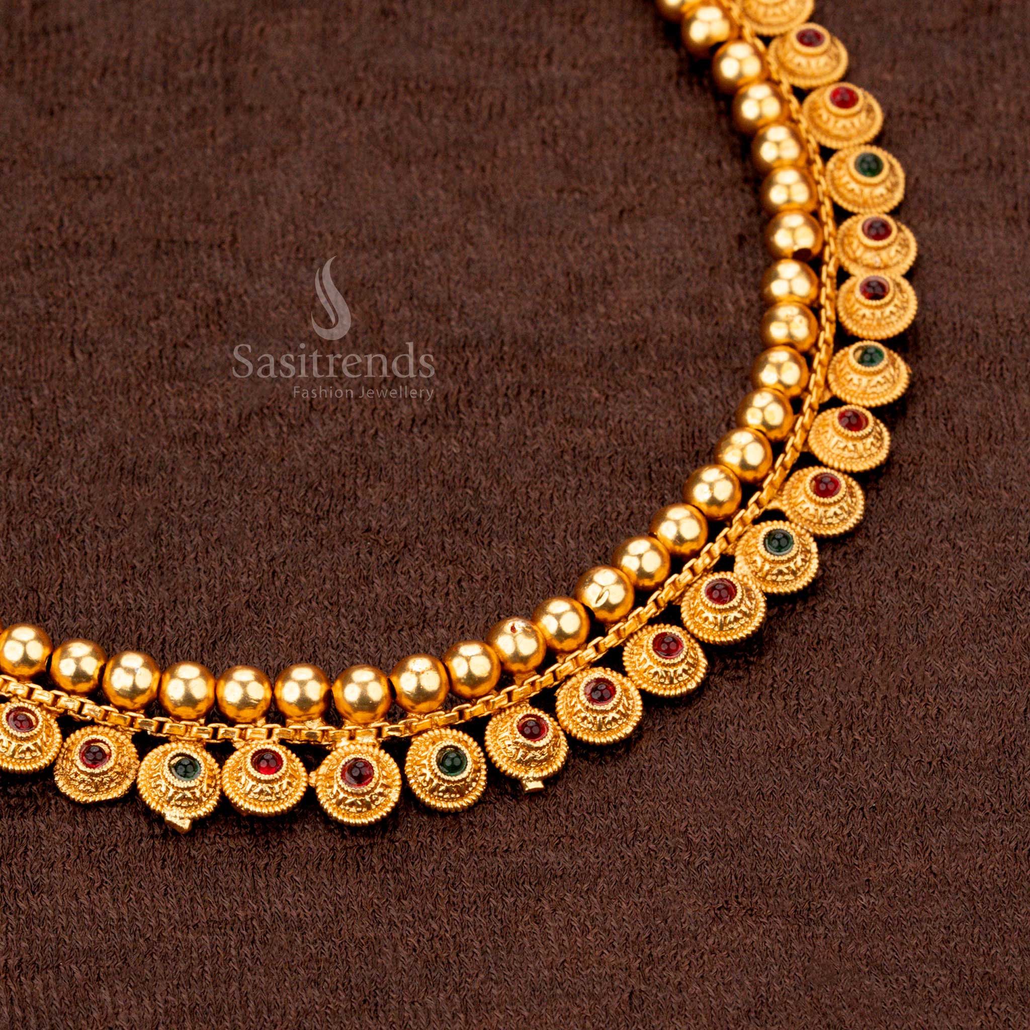 Amazing Classic Temple Matte Gold Plated Necklace Jewellery Set with Circular Motifs and Earrings - Sasitrends - Image 3