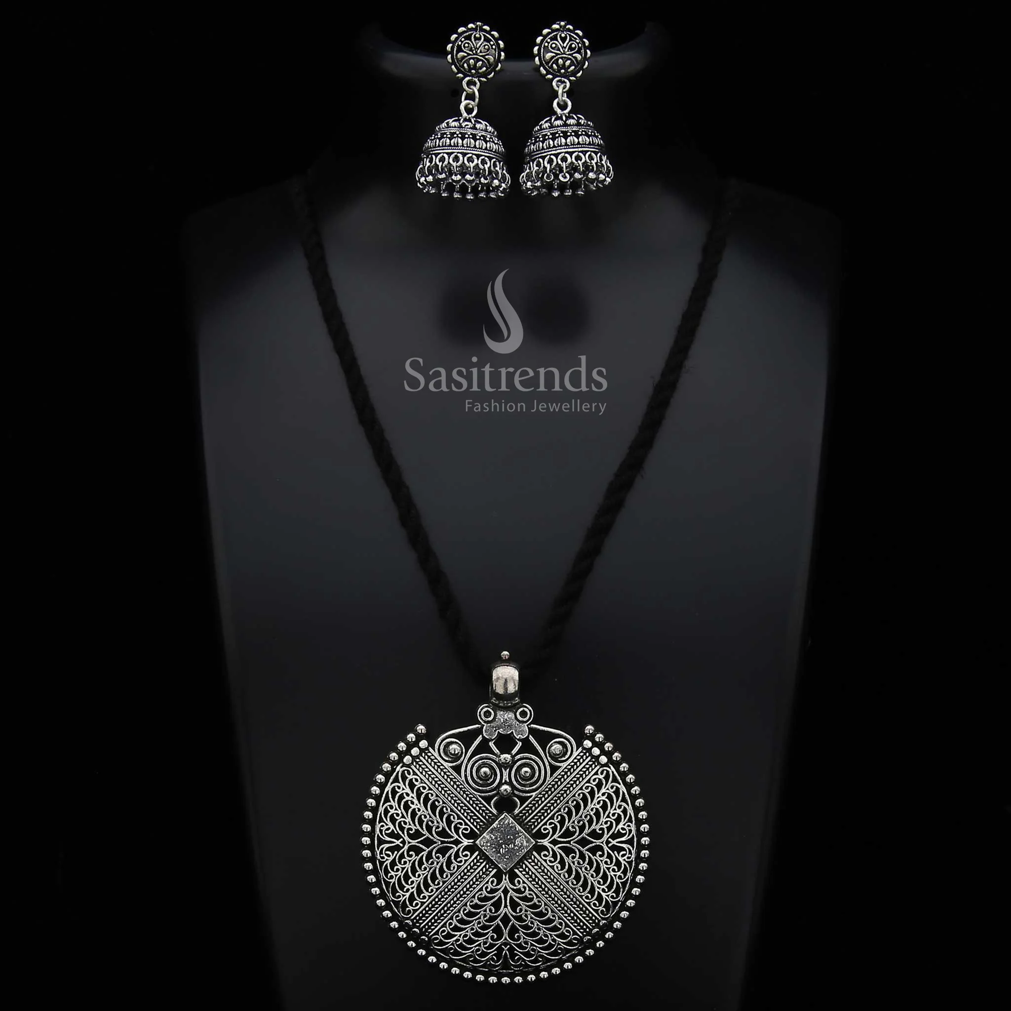 Thread Necklace with Oxidised German Silver Designer Pendant Jewellery Set - Sasitrends - Image 2
