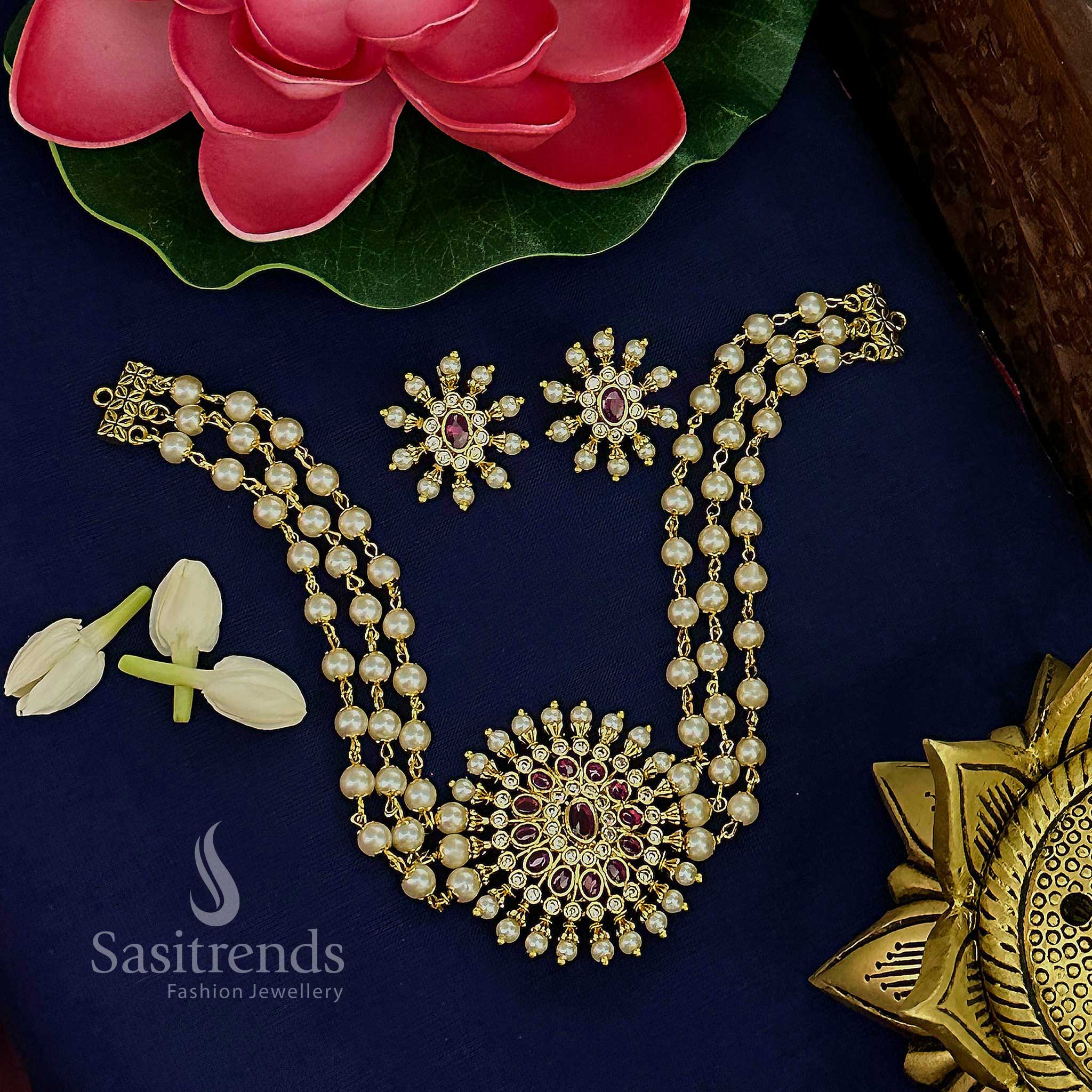 Trendy Three-Layer Pearl Choker Necklace Jewellery Set with Floral Pendant - Temple Matte Gold Plated | Sasitrends - Image 13