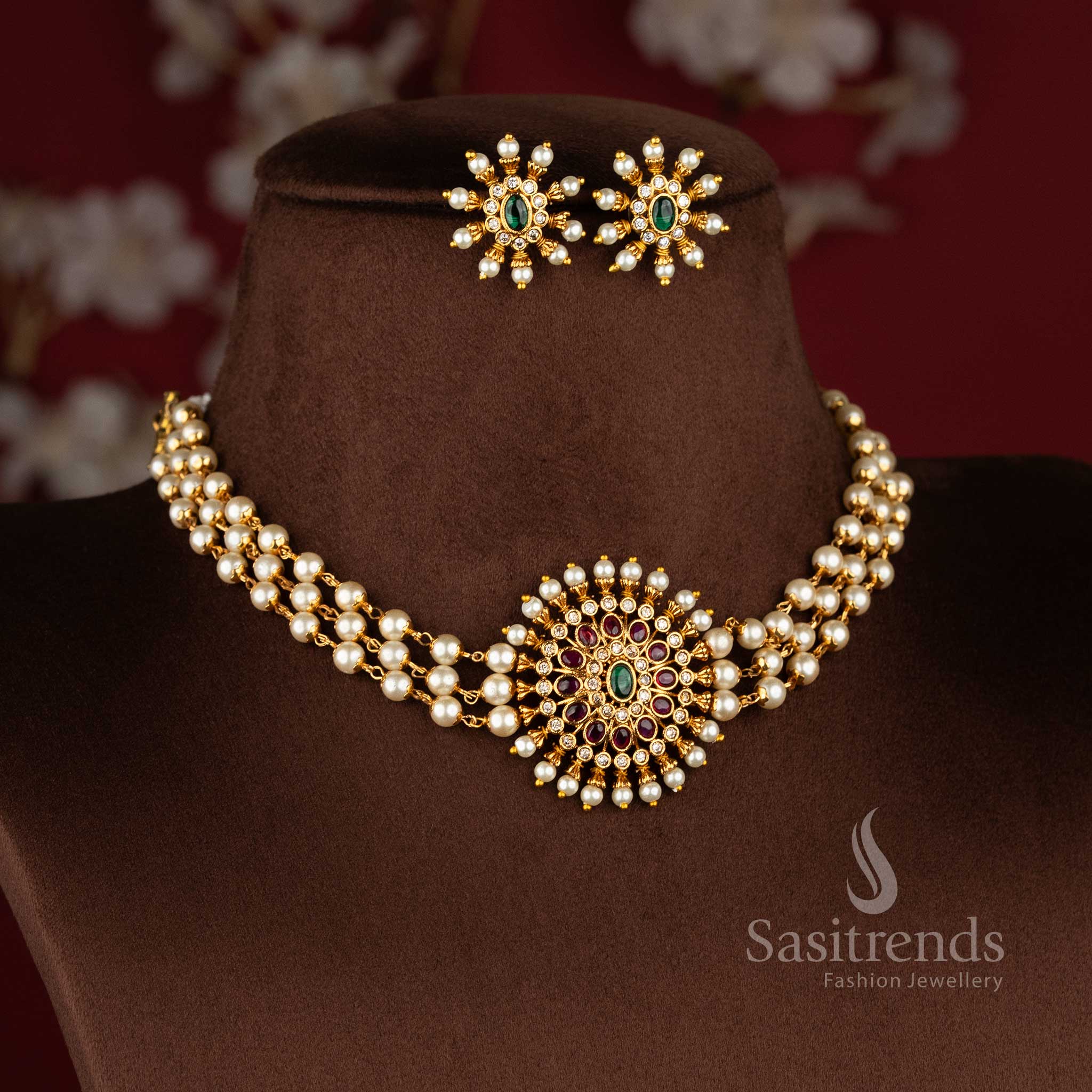 Trendy Three-Layer Pearl Choker Necklace Jewellery Set with Floral Pendant - Temple Matte Gold Plated | Sasitrends - Image 2