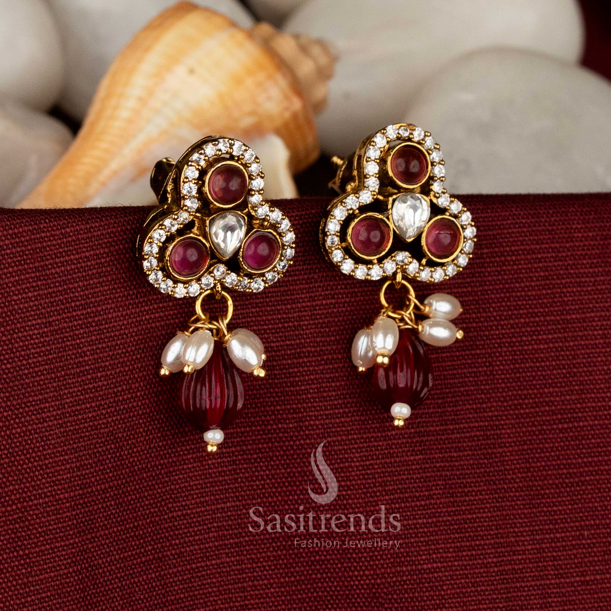 Three-Lobed Stud Earrings – Victorian Design with AD Stones & Pearl Danglers for Festive Wear - Image 2