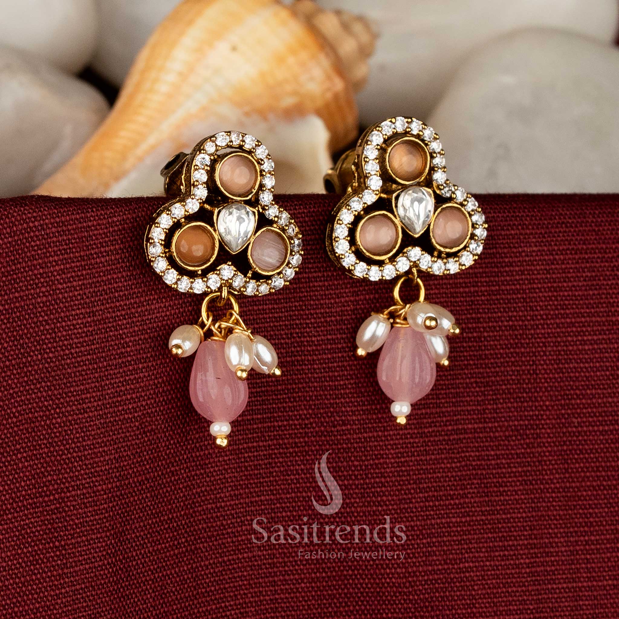 Three-Lobed Stud Earrings – Victorian Design with AD Stones & Pearl Danglers for Festive Wear - Image 5