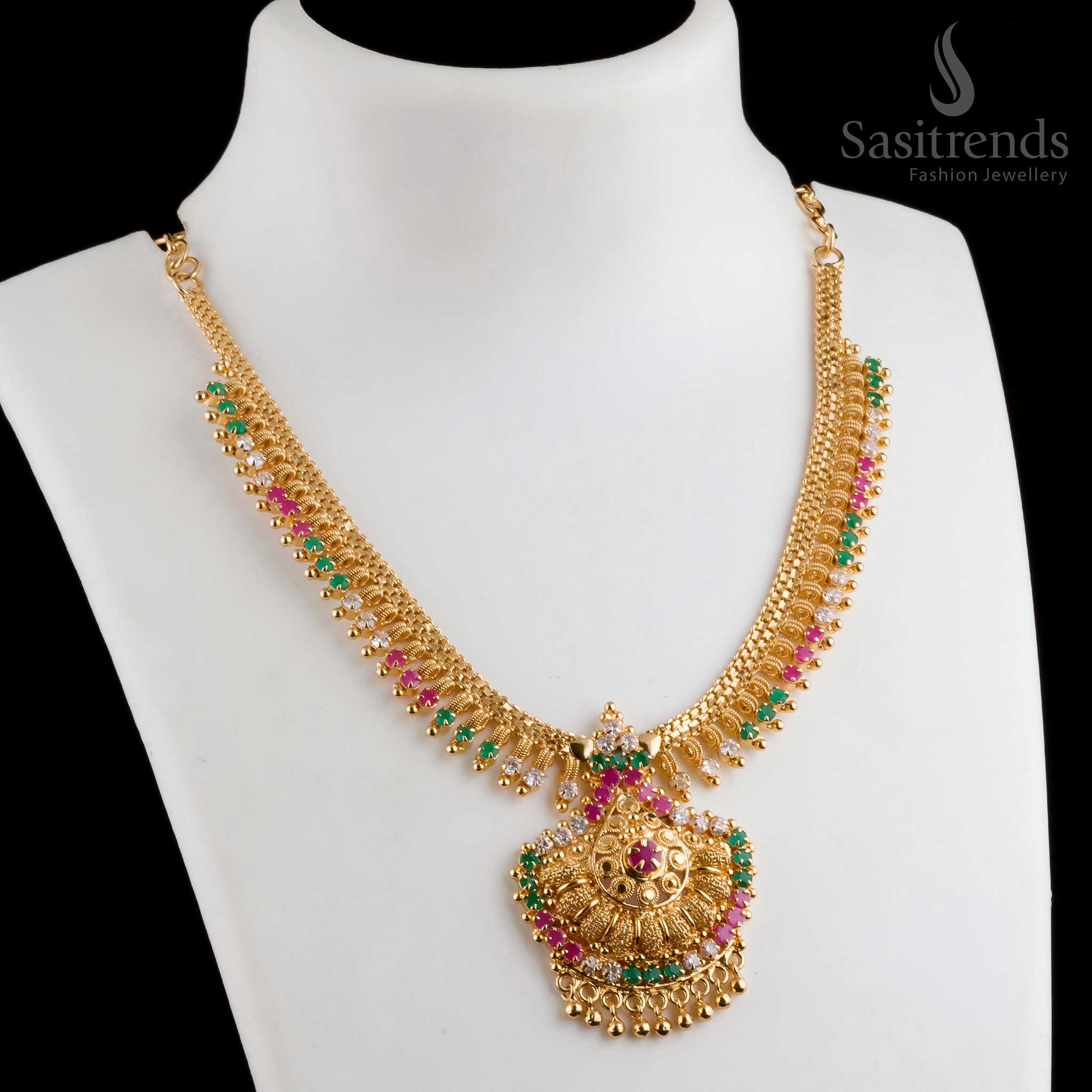 Ethnic Charm: Traditional Micro Gold Plated Tilak Pendant Necklace & Jewellery Set with Sparkling Stone and Golden Balls - Image 5