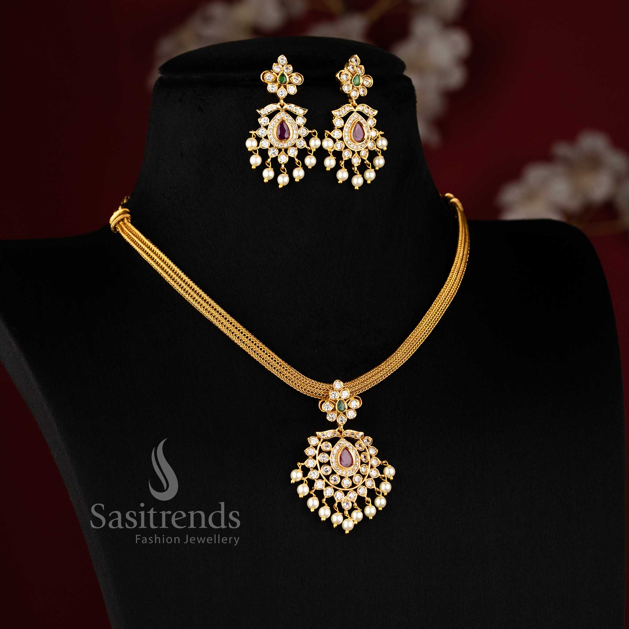 Traditional Temple Matte Gold Finish Floral Pendant AD Necklace Jewellery Set with Adjustable Chain | Sasitrends