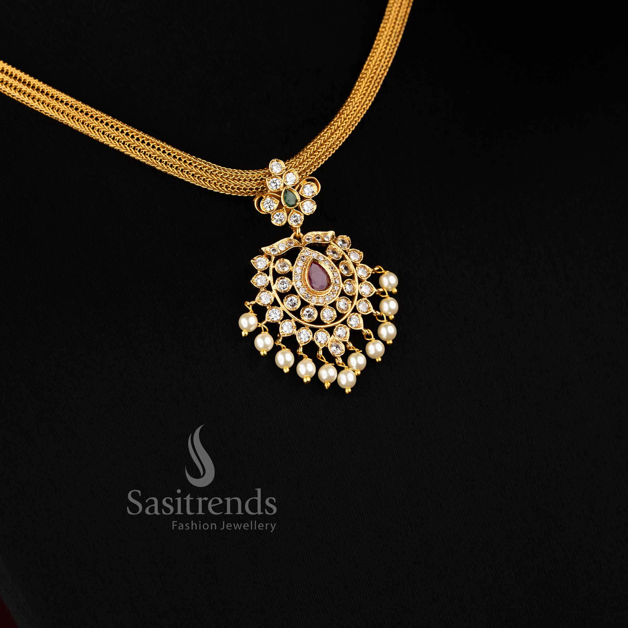 Traditional Temple Matte Gold Finish Floral Pendant AD Necklace Jewellery Set with Adjustable Chain | Sasitrends - Image 2