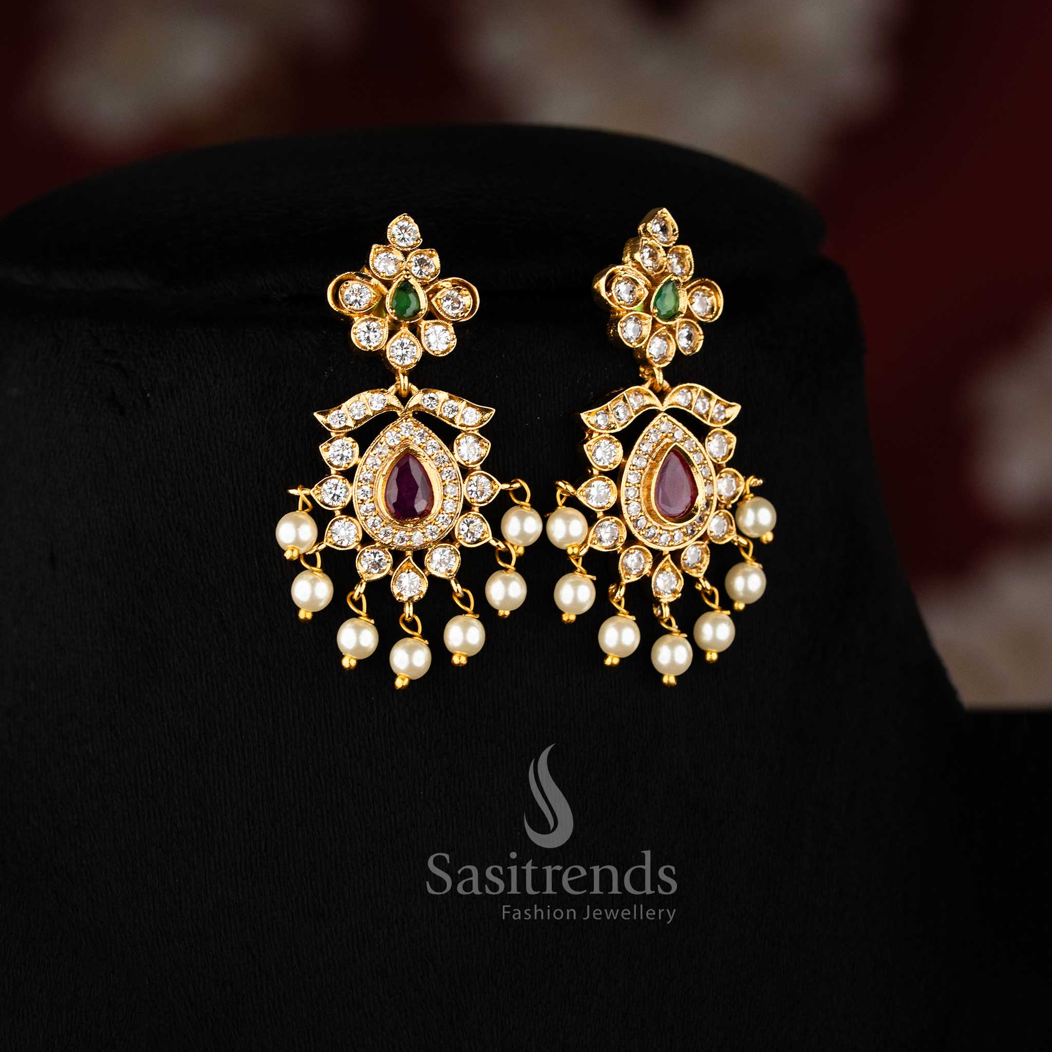 Traditional Temple Matte Gold Finish Floral Pendant AD Necklace Jewellery Set with Adjustable Chain | Sasitrends - Image 3