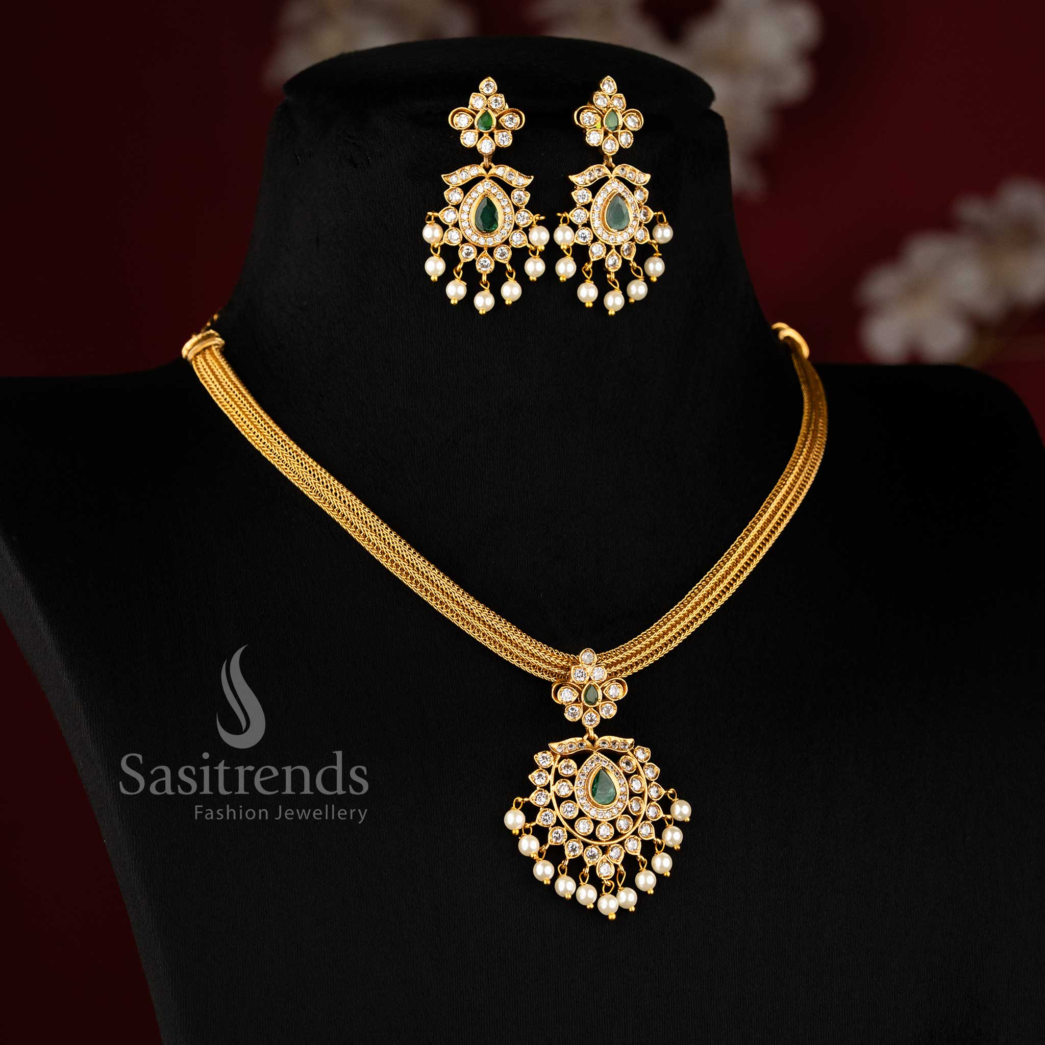 Traditional Temple Matte Gold Finish Floral Pendant AD Necklace Jewellery Set with Adjustable Chain | Sasitrends - Image 4