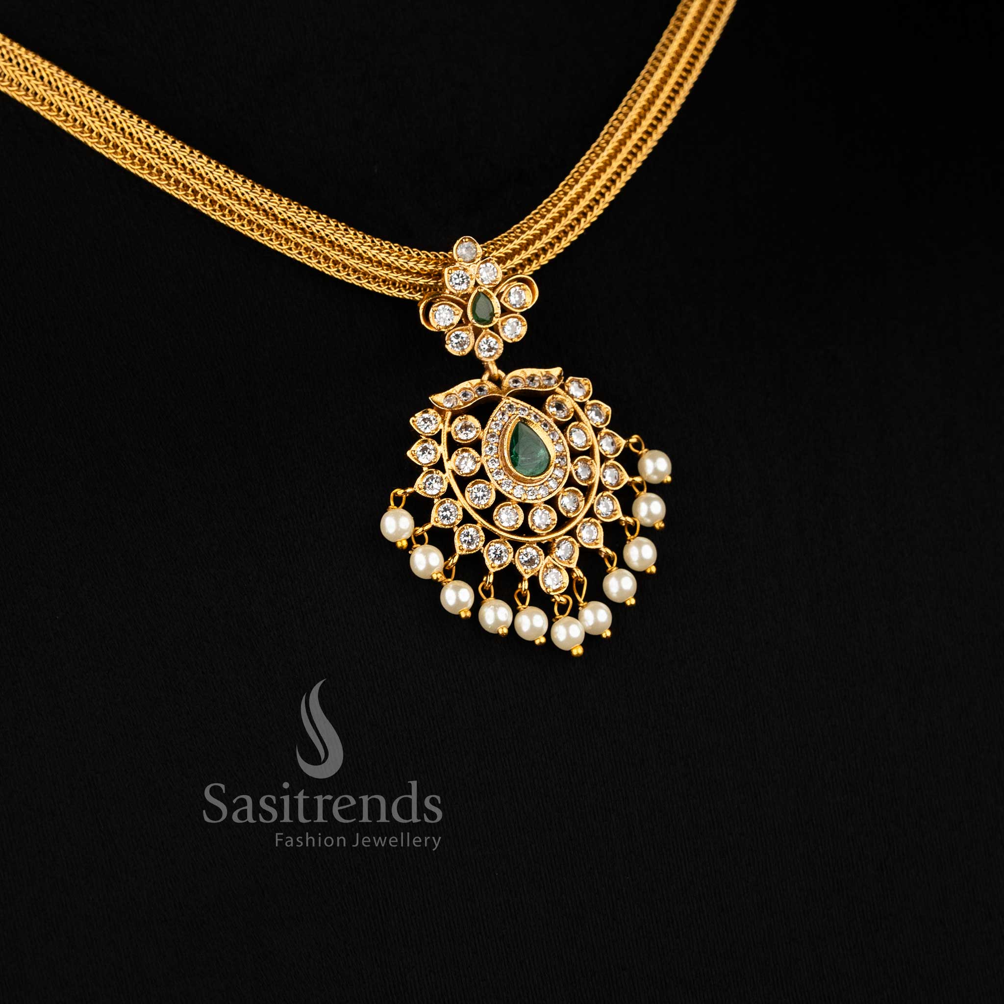 Traditional Temple Matte Gold Finish Floral Pendant AD Necklace Jewellery Set with Adjustable Chain | Sasitrends - Image 5