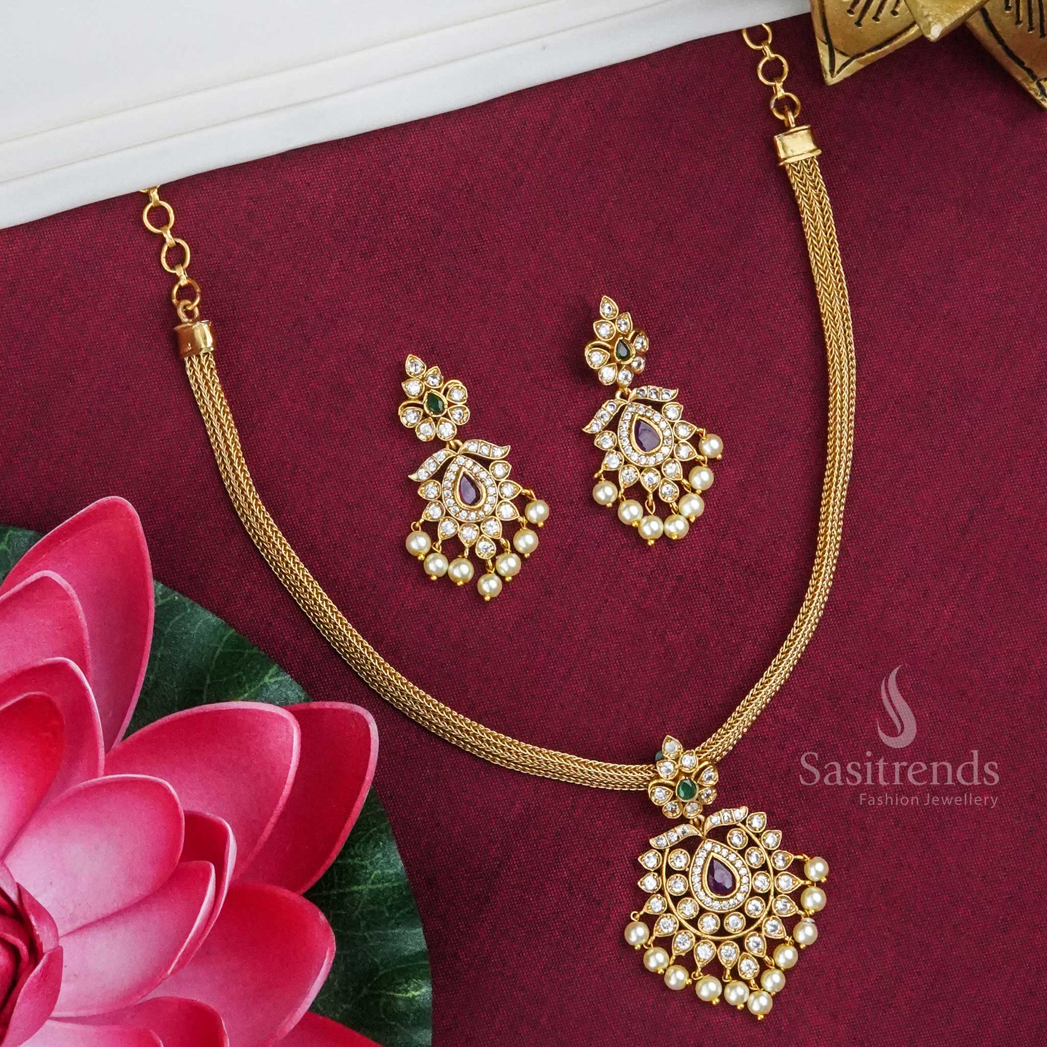 Traditional Temple Matte Gold Finish Floral Pendant AD Necklace Jewellery Set with Adjustable Chain | Sasitrends - Image 7