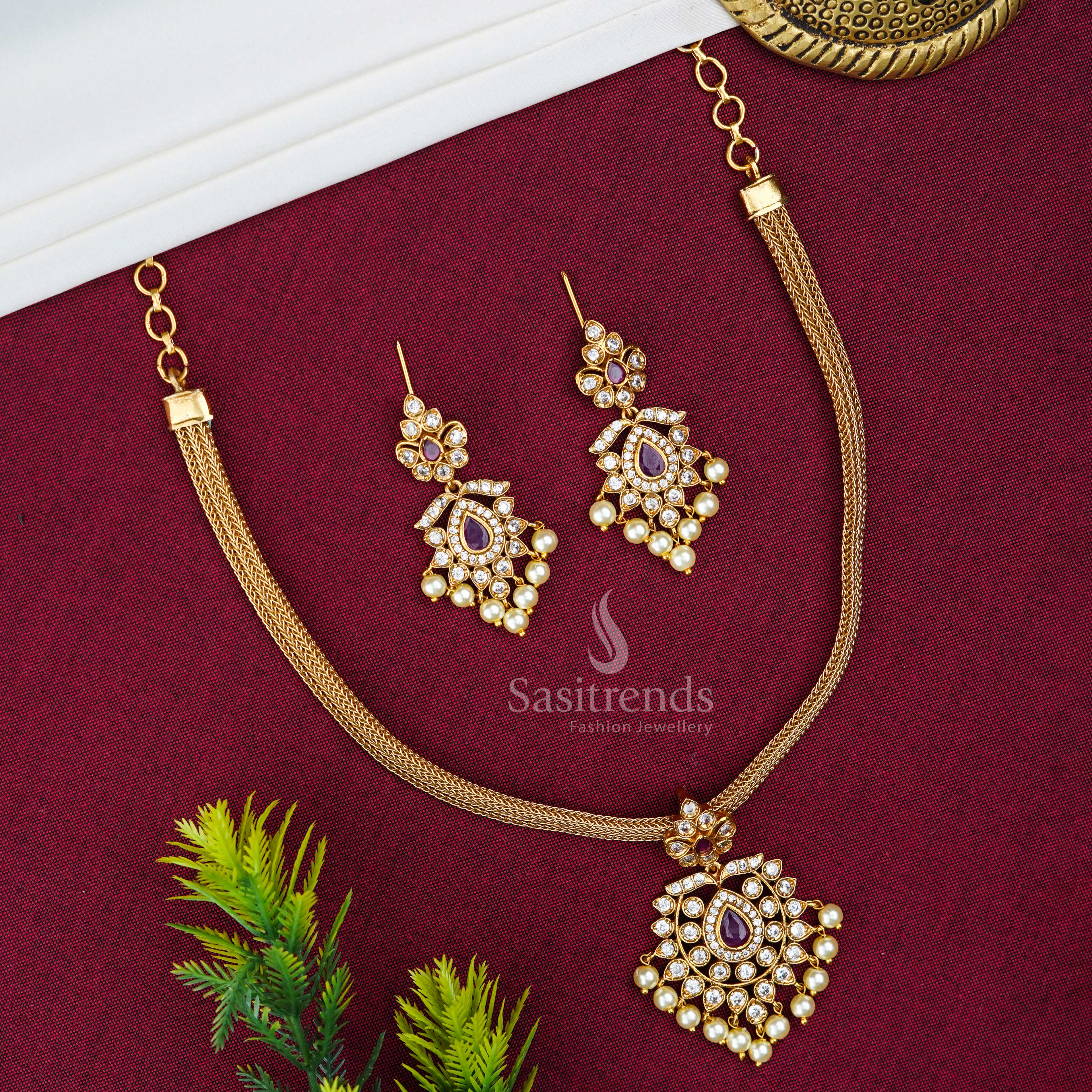 Traditional Temple Matte Gold Finish Floral Pendant AD Necklace Jewellery Set with Adjustable Chain | Sasitrends - Image 9