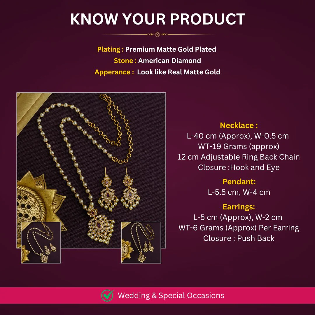 Temple Matte Gold Plated Tilk Stone Pendant Pearl Mala Necklace Jewellery Set Sud With AD Stones | Sasitrends - Image 11