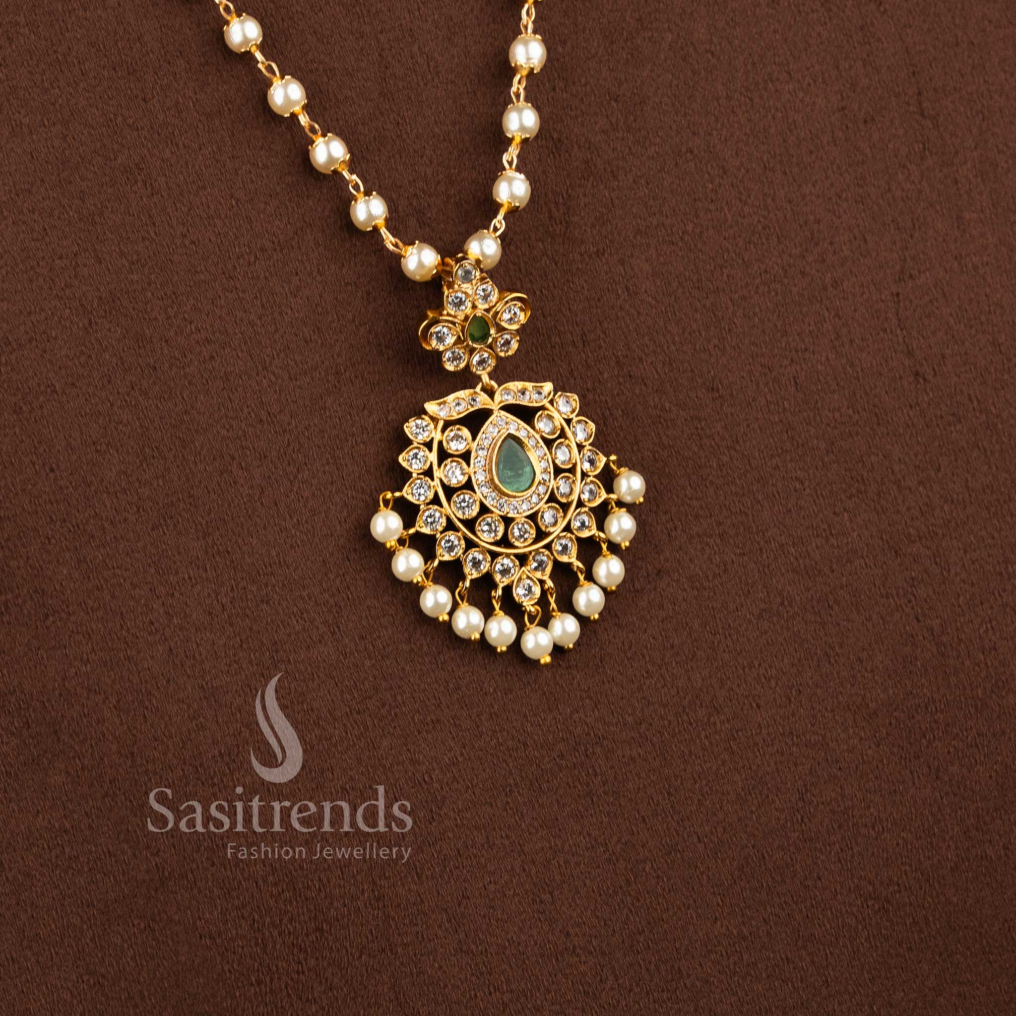 Temple Matte Gold Plated Tilk Stone Pendant Pearl Mala Necklace Jewellery Set Sud With AD Stones | Sasitrends - Image 2