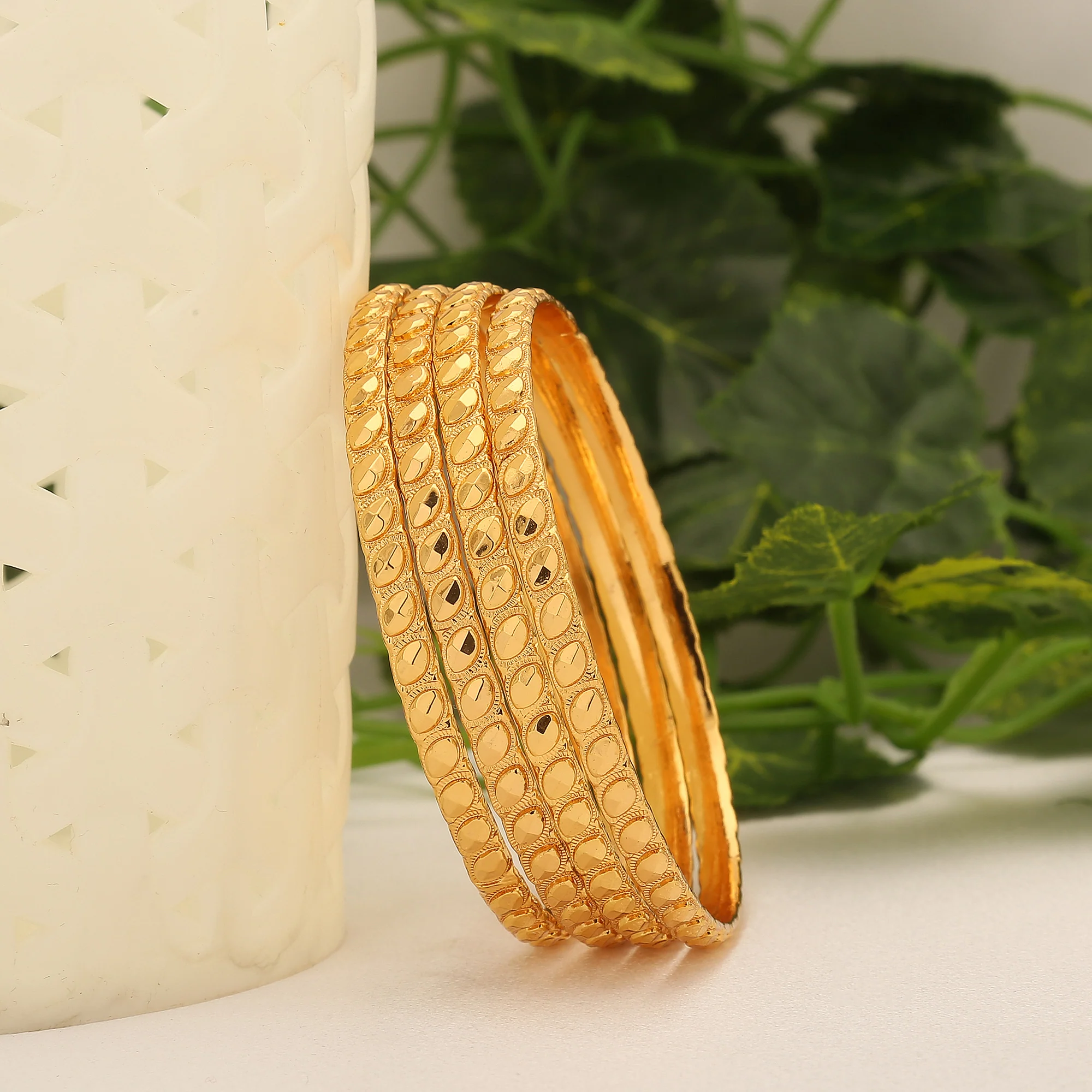Traditional Oval Design Micro Gold Plated Thick Bangles Set of 4 - Sasitrends
