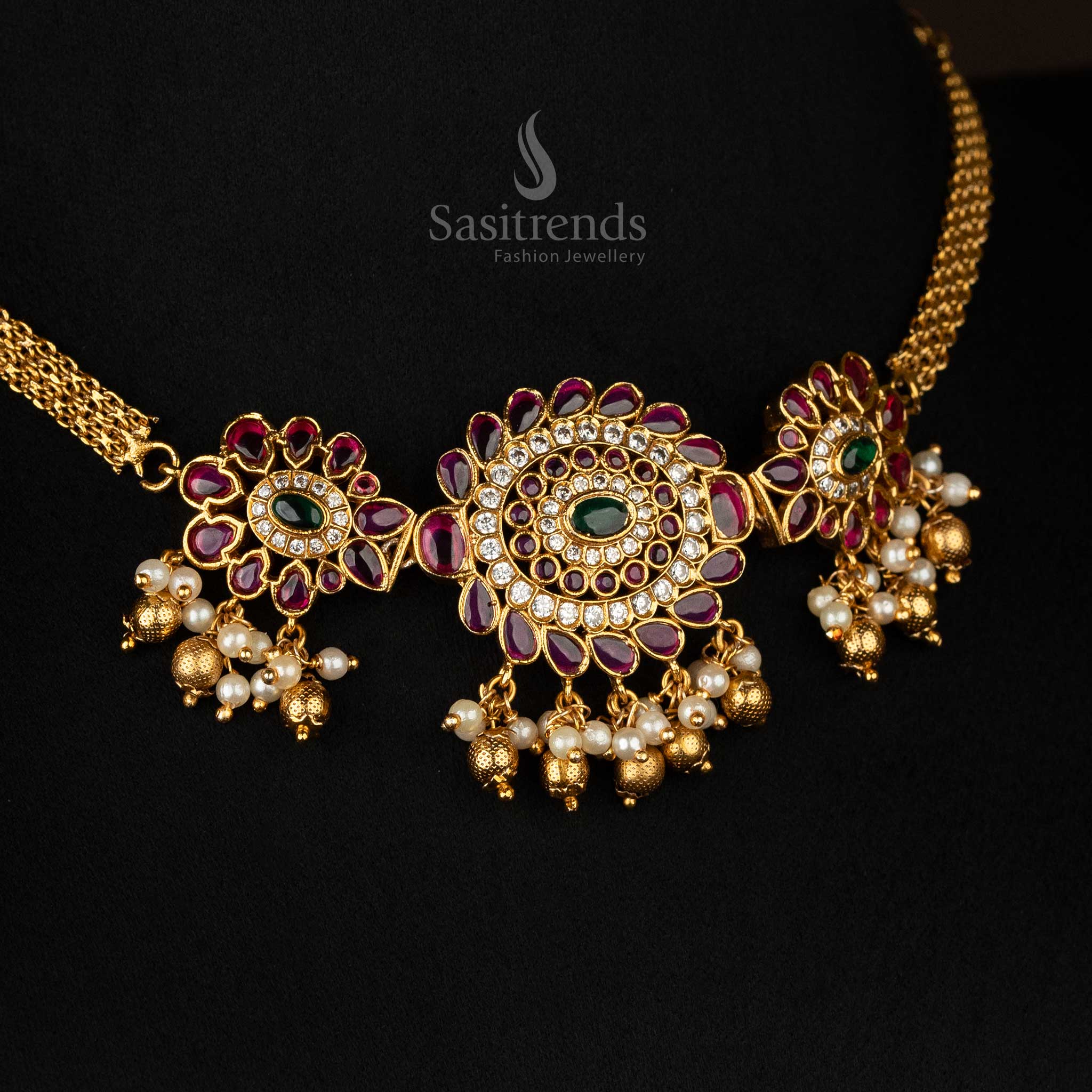 Traditional Bridal Wear Temple Matte Gold Plated Kemp AD Choker Necklace Jewellery Set with Pearl and Bead Drops | Sasitrends - Image 3