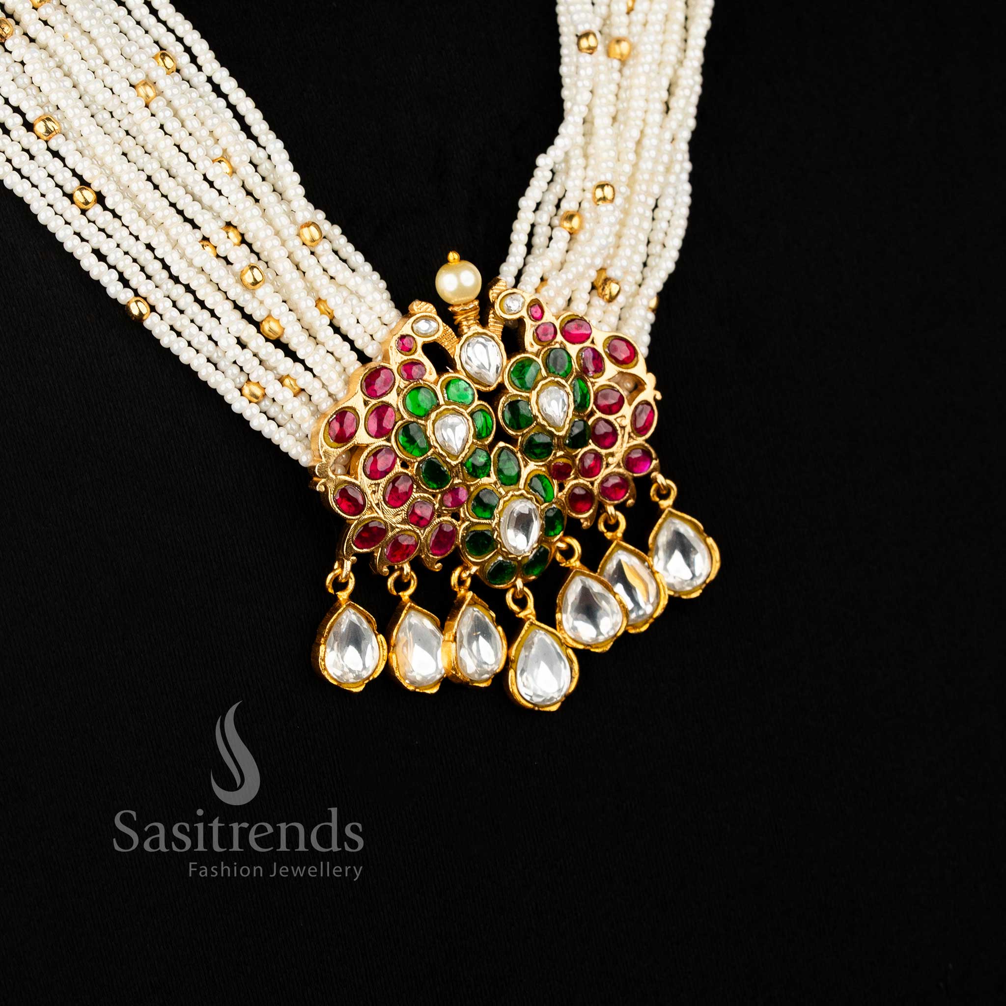 Trendy 24K Jadau Gold Plated Multi-Layer Bead Long Necklace Set with Peacock Pendant & Teardrop Motif Drops - Image 3
