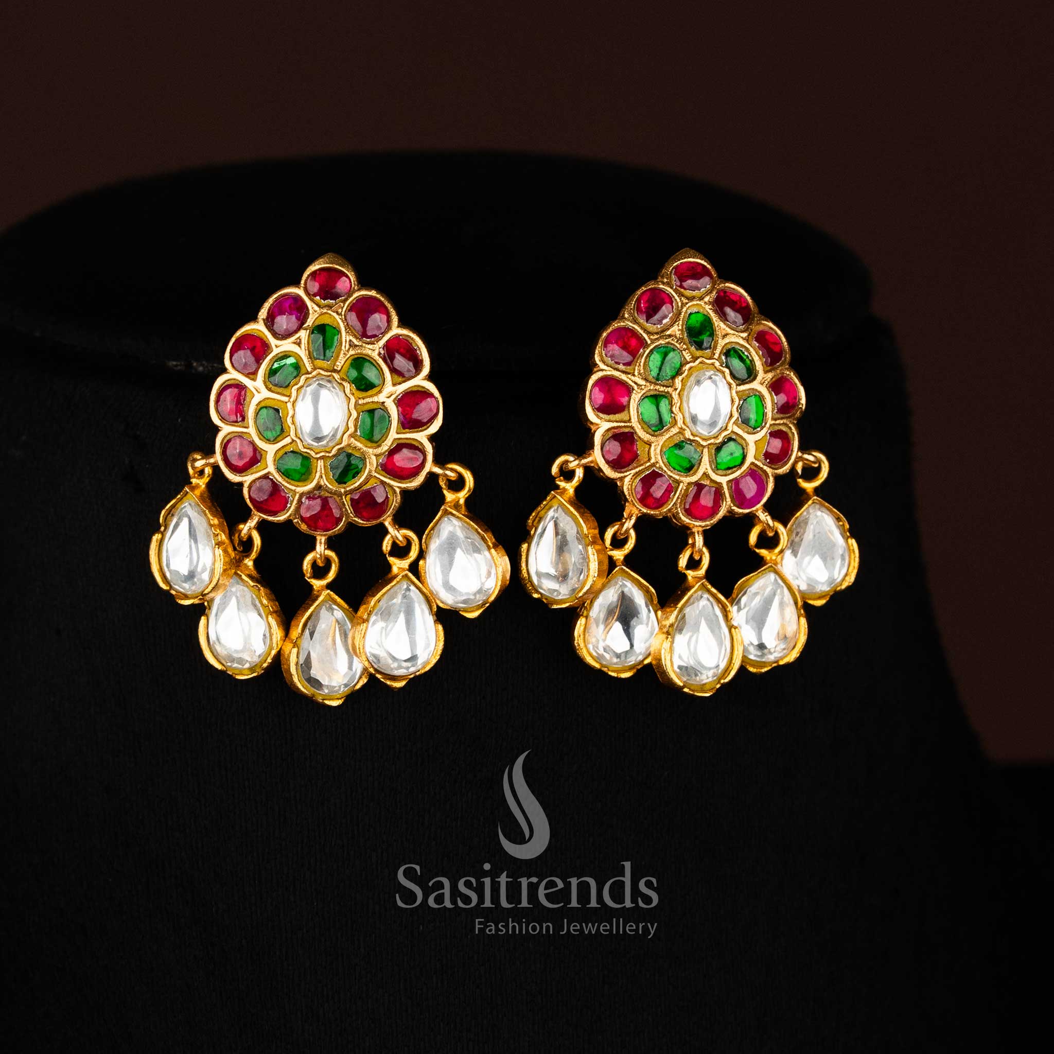 Trendy 24K Jadau Gold Plated Multi-Layer Bead Long Necklace Set with Peacock Pendant & Teardrop Motif Drops - Image 4