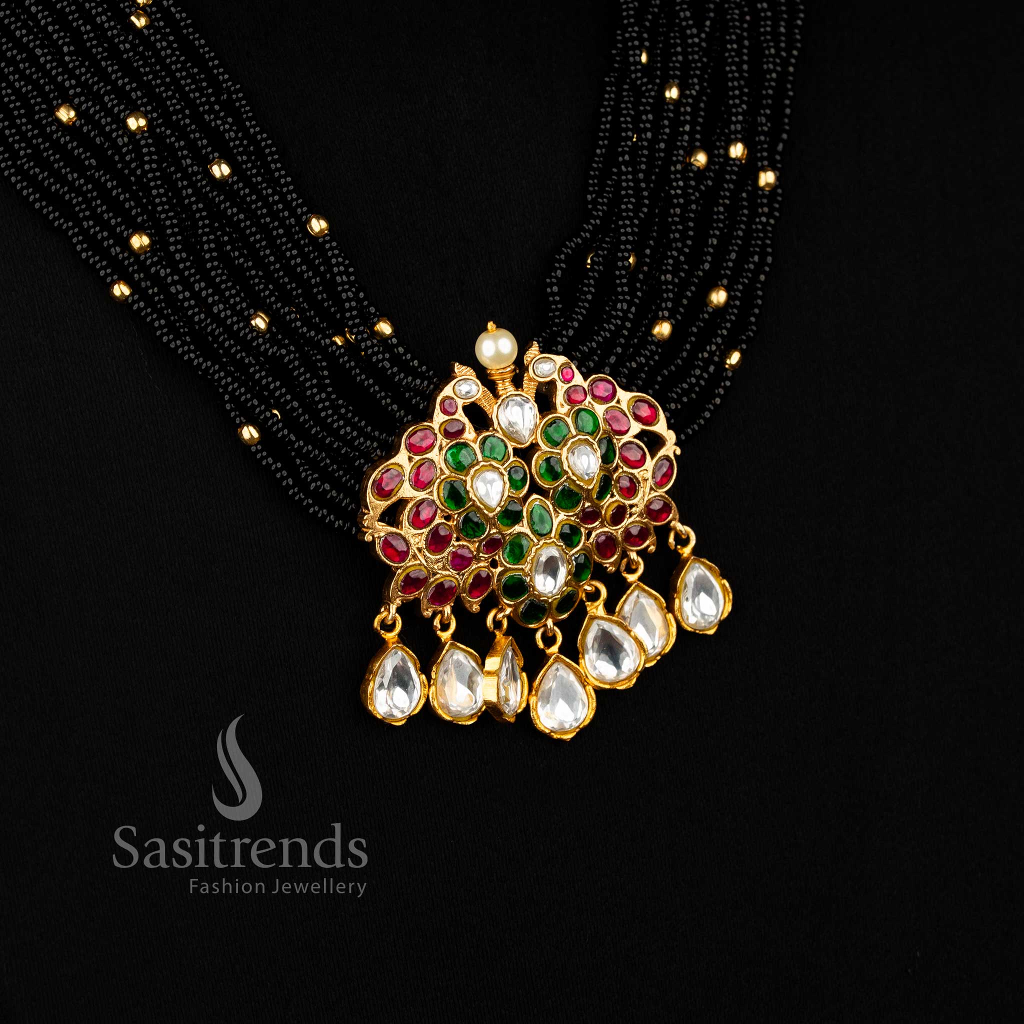 Trendy 24K Jadau Gold Plated Multi-Layer Bead Long Necklace Set with Peacock Pendant & Teardrop Motif Drops - Image 5