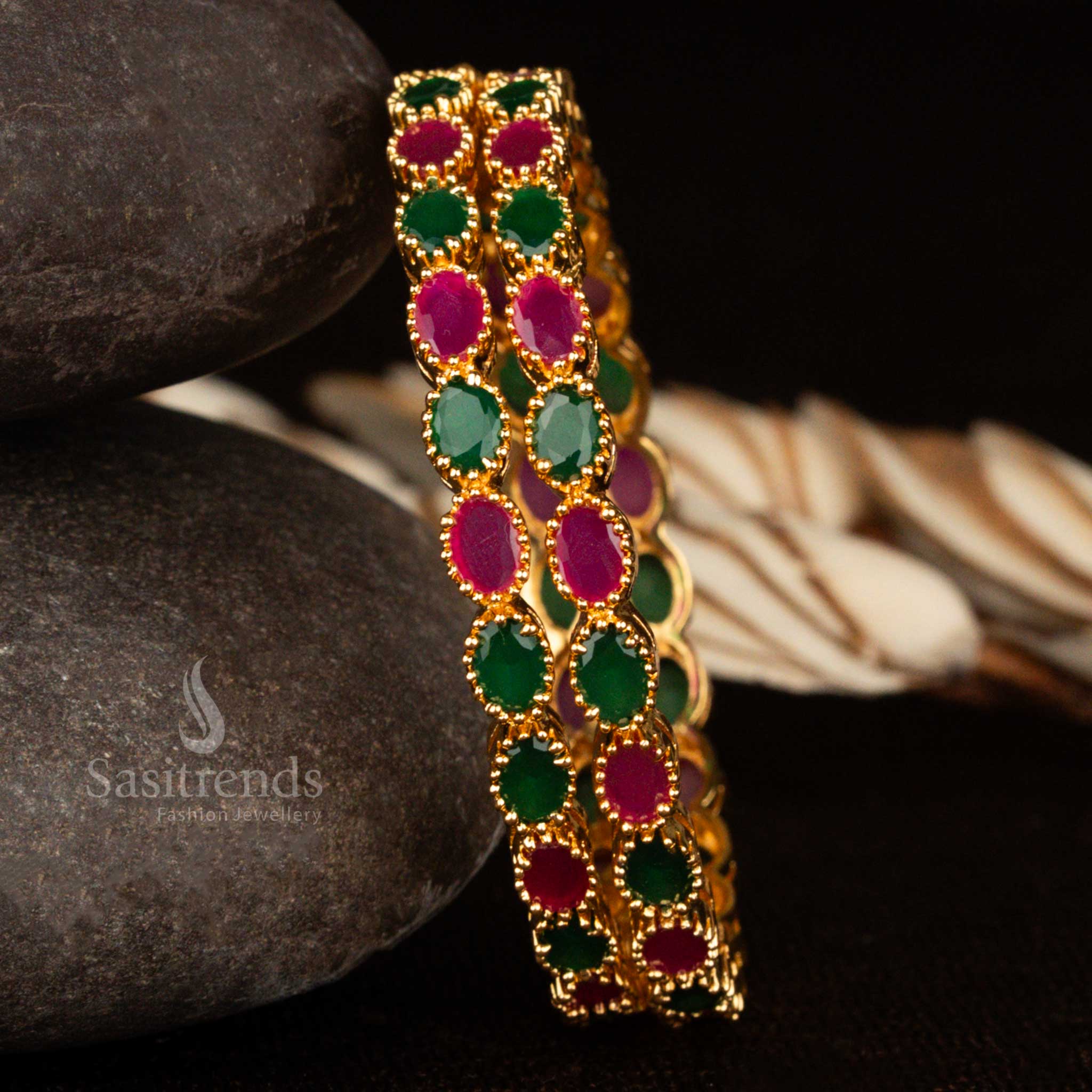 Latest Micro Gold Plated American Diamond Stone Bangles with Oval Shaped Stones – Perfect Party Wear Online - Sasitrends - Image 3