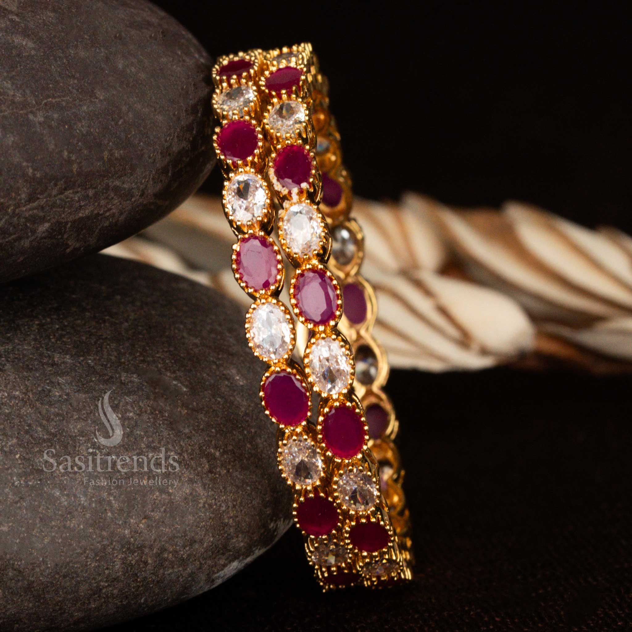 Latest Micro Gold Plated American Diamond Stone Bangles with Oval Shaped Stones – Perfect Party Wear Online - Sasitrends - Image 5