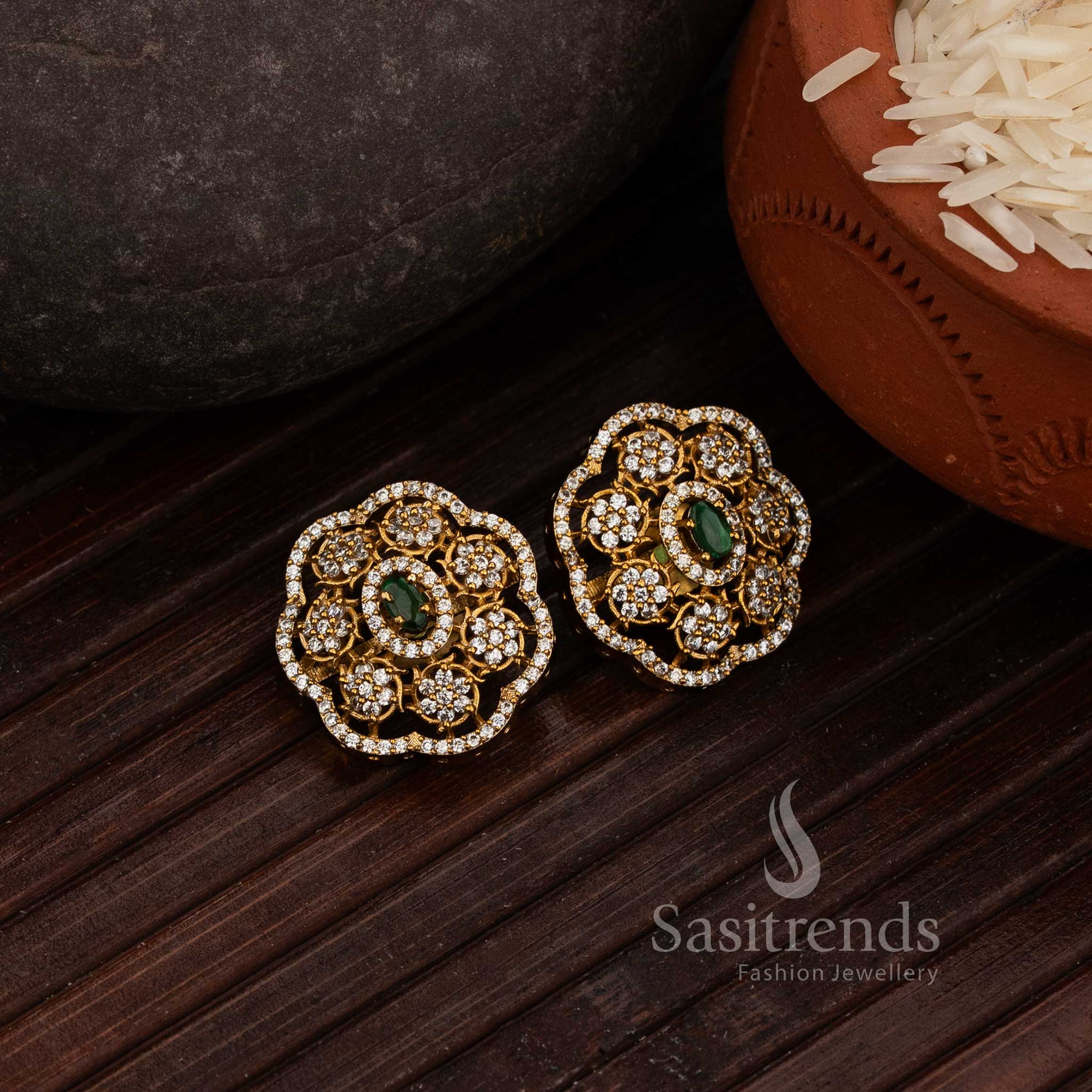 Stunning Matte Gold Plated American Diamond Grand Floral Mesh Stud Earrings - Sasitrends - Image 2