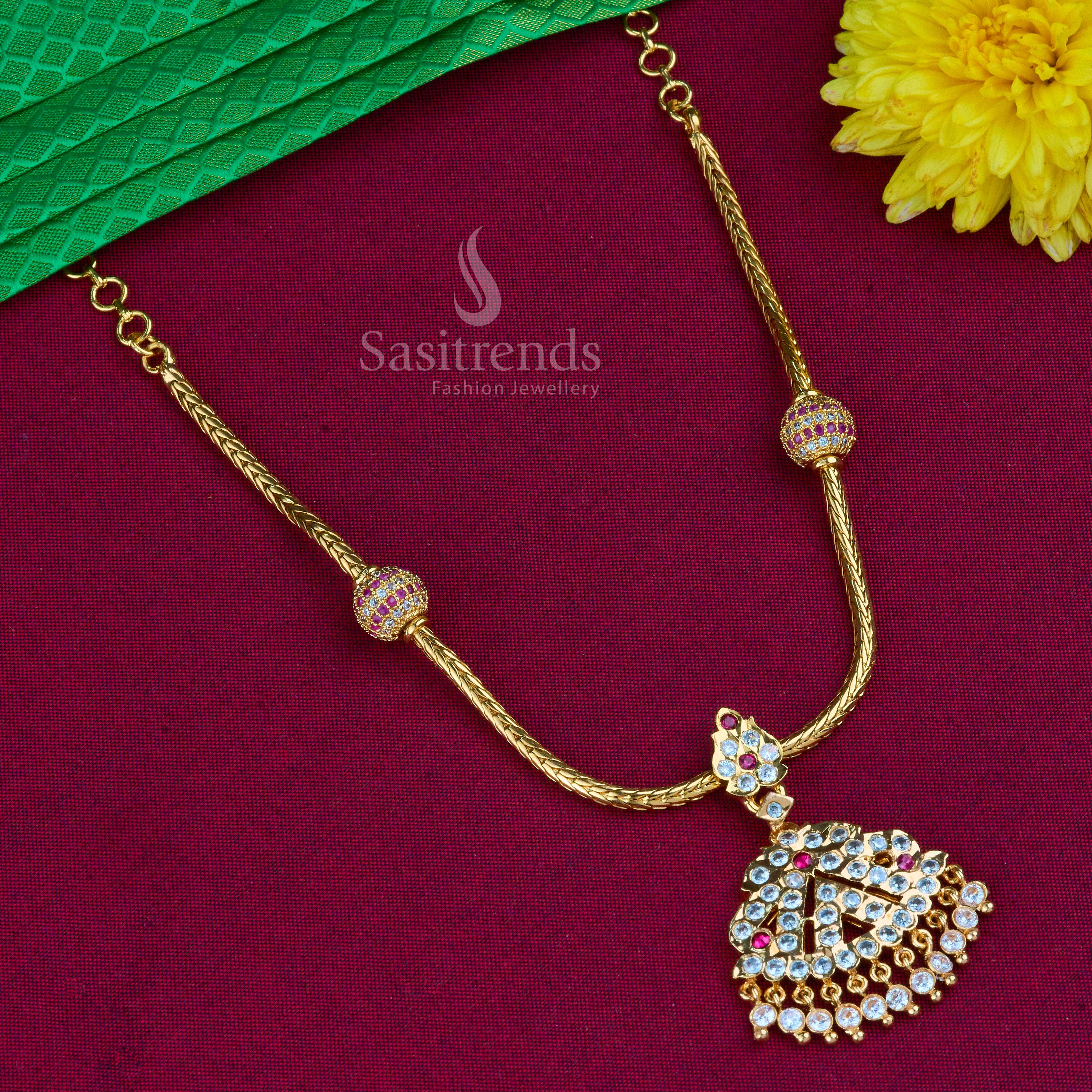 Elegant Micro Gold Plated Traditional Attigai Necklace with American Diamond Stones | Sasitrends - Image 2