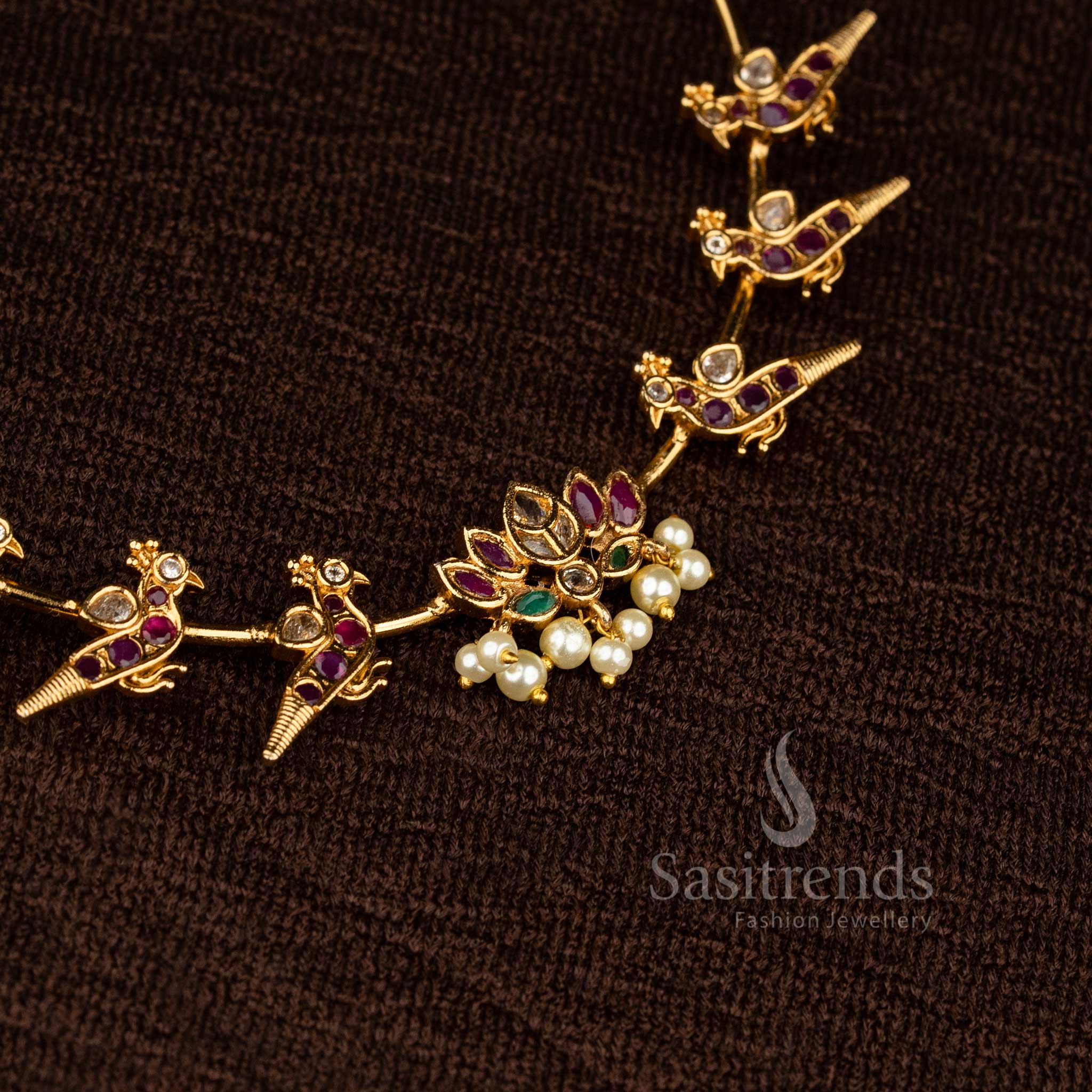 New Temple Matte Gold Tone Lotus Pendant Attigai Choker Necklace Jewellery Set with Peacock Motif and Kemp Color Painted & White Stone | Sasitrends - Image 4