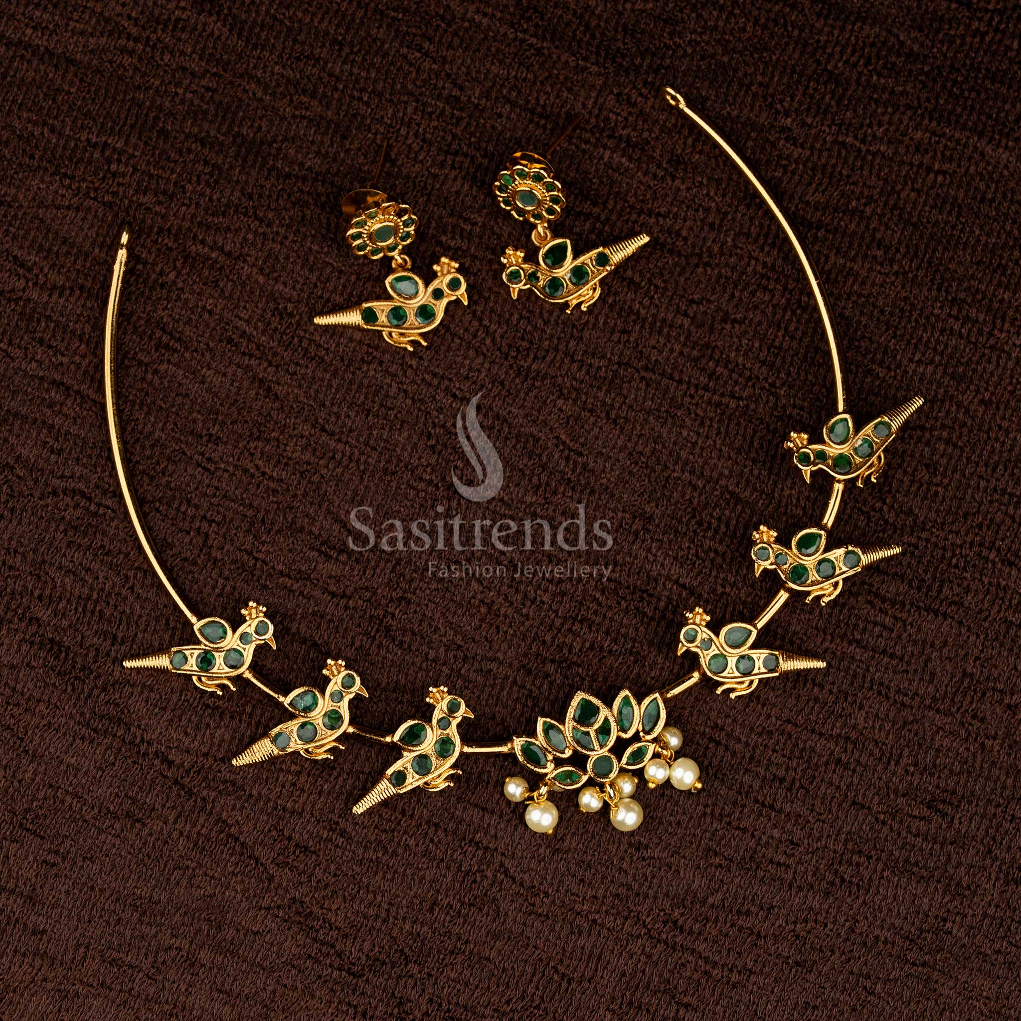 New Temple Matte Gold Tone Lotus Pendant Attigai Choker Necklace Jewellery Set with Peacock Motif and Kemp Color Painted & White Stone | Sasitrends - Image 5