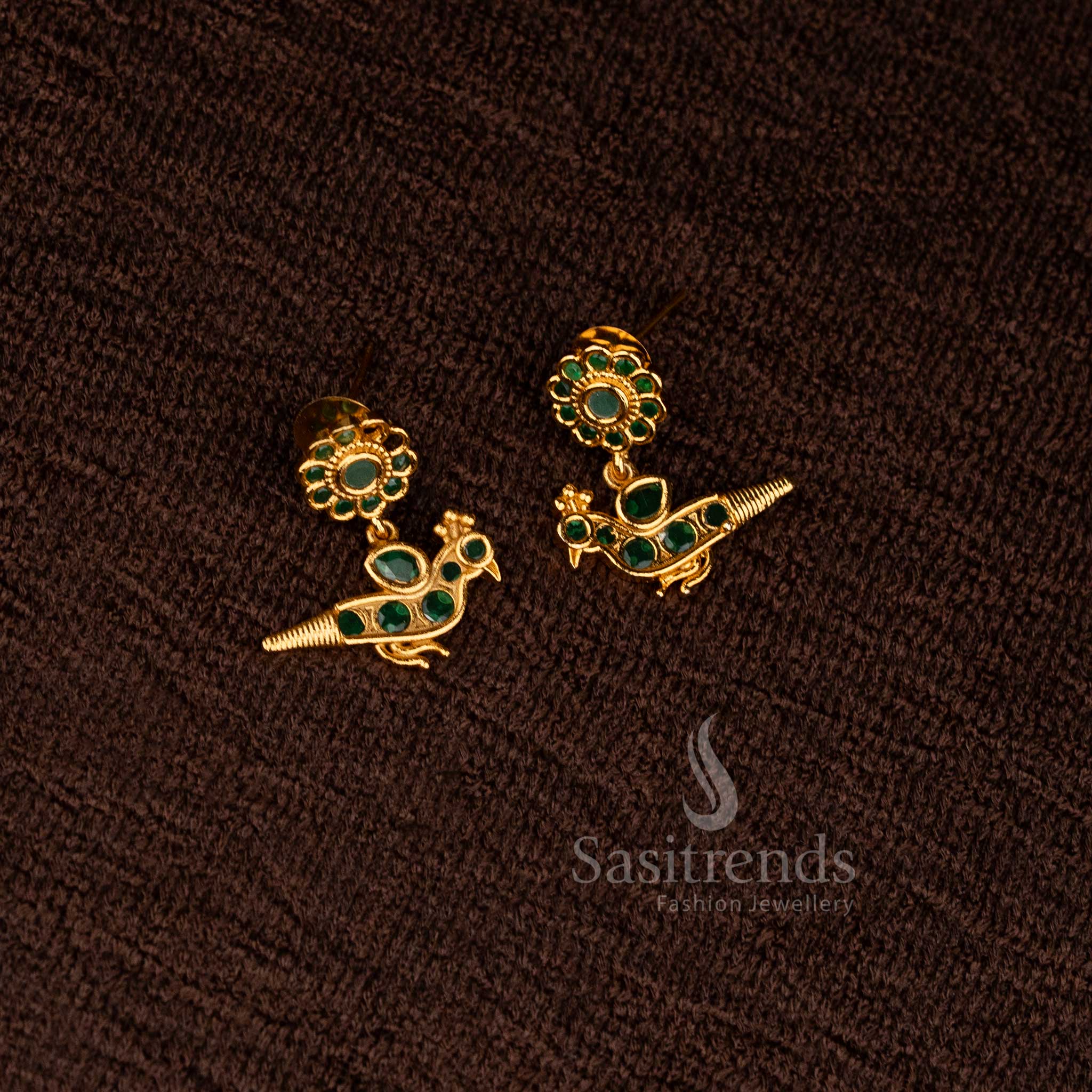 New Temple Matte Gold Tone Lotus Pendant Attigai Choker Necklace Jewellery Set with Peacock Motif and Kemp Color Painted & White Stone | Sasitrends - Image 6