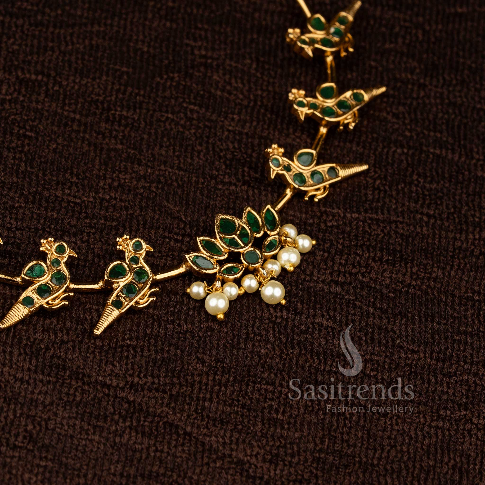 New Temple Matte Gold Tone Lotus Pendant Attigai Choker Necklace Jewellery Set with Peacock Motif and Kemp Color Painted & White Stone | Sasitrends - Image 7