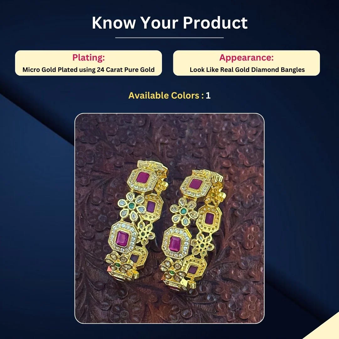 New Traditional Micro Gold Plated Bangles Pair with Flower and Ruby Motifs With American Diamond Stones - Image 2
