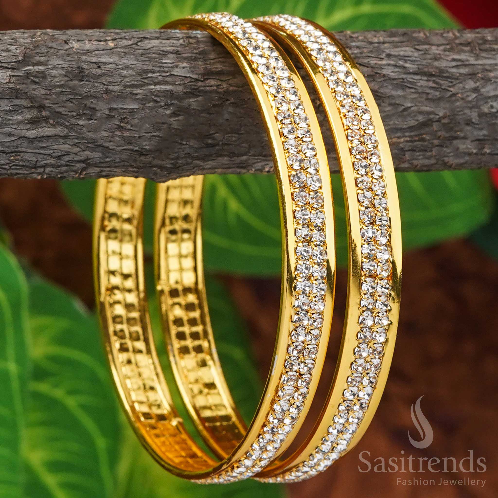 Unique Elegant Micro Gold Plated Traditional Sparkling Stones Bangles Pair | Sasitrends - Image 2
