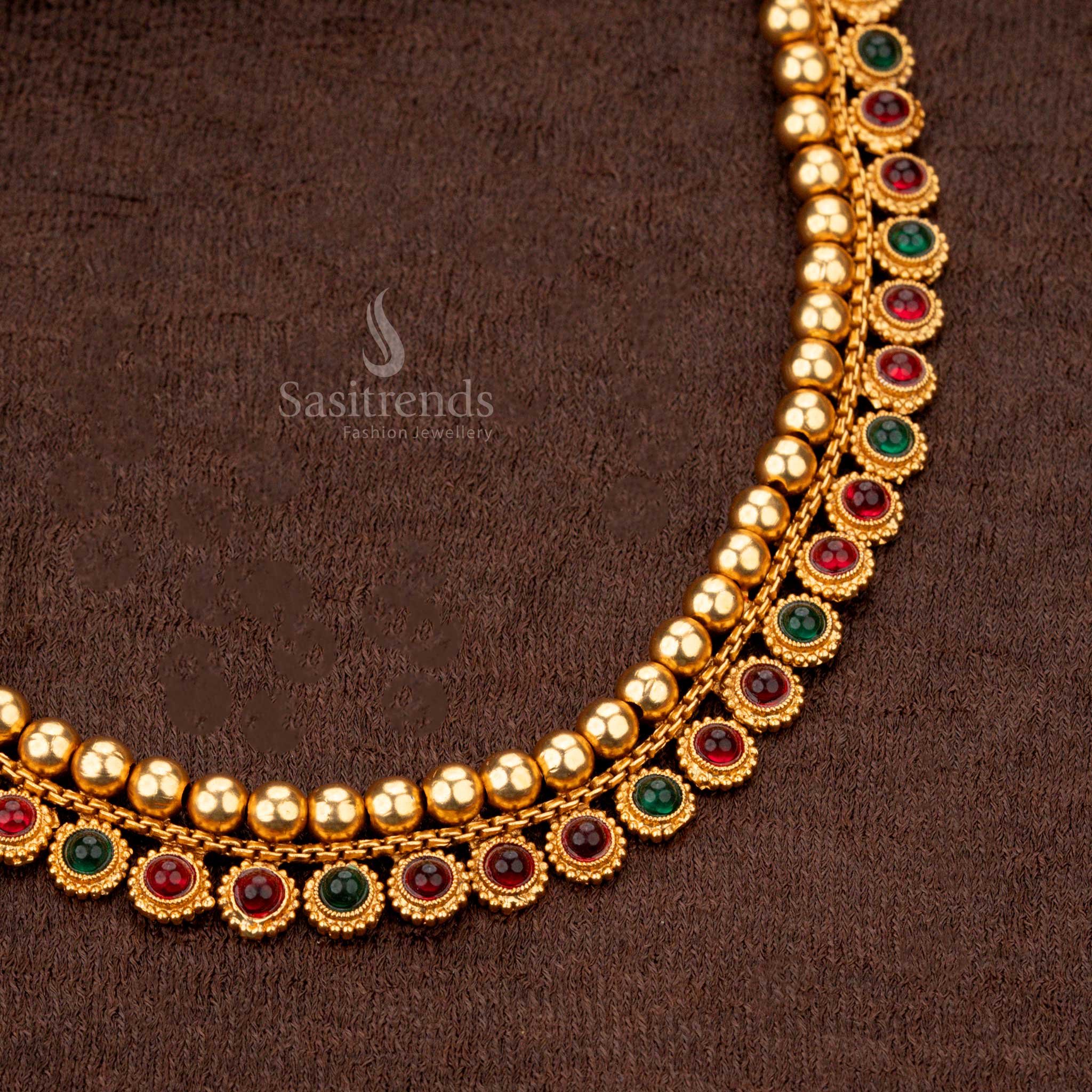 Intricate Classic Temple Matte Gold-Plated Necklace Jewellery Set with Beaded Detailing - Sasitrends - Image 4